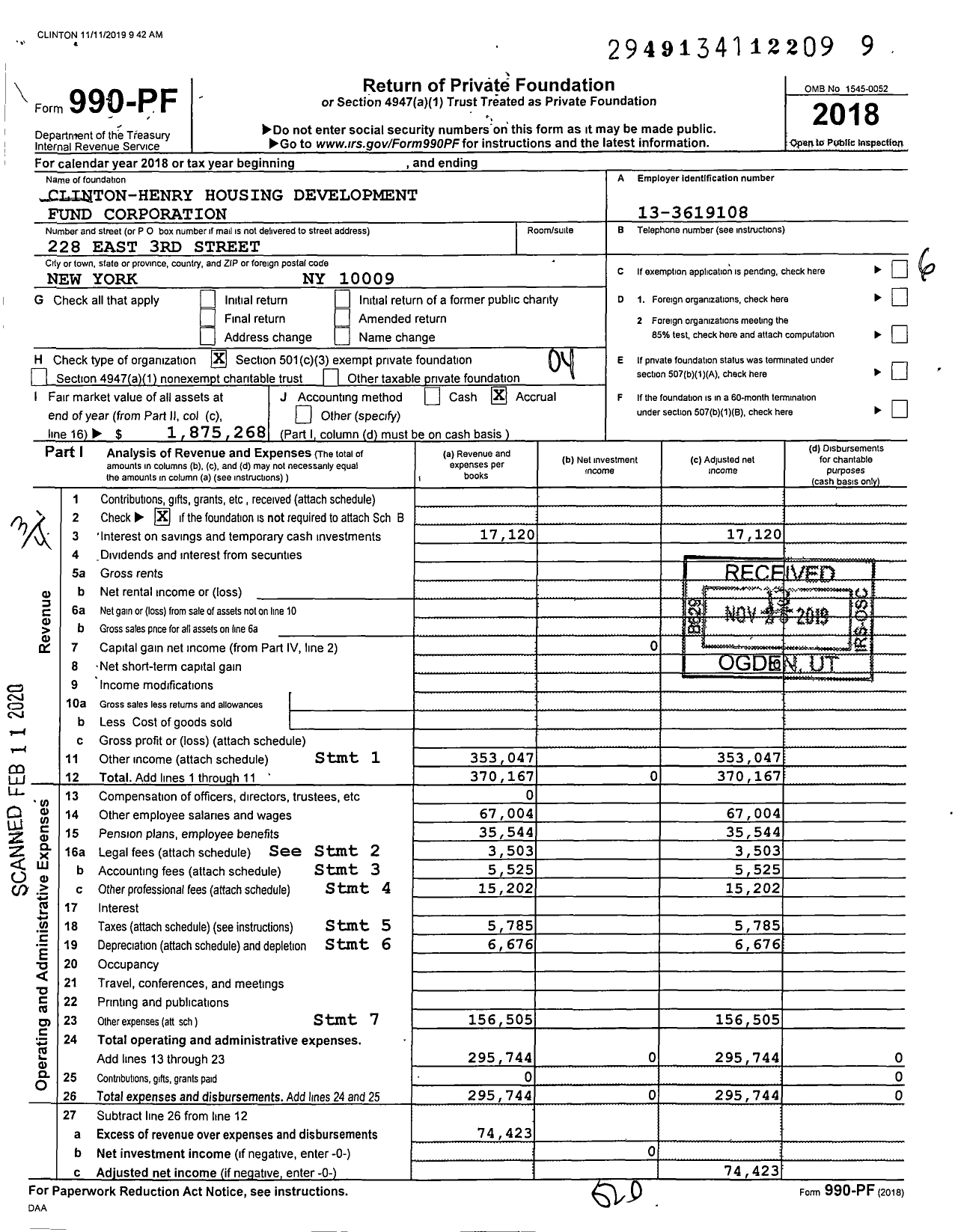 Image of first page of 2018 Form 990PF for Clinton-Henry Housing Development Fund Corporation