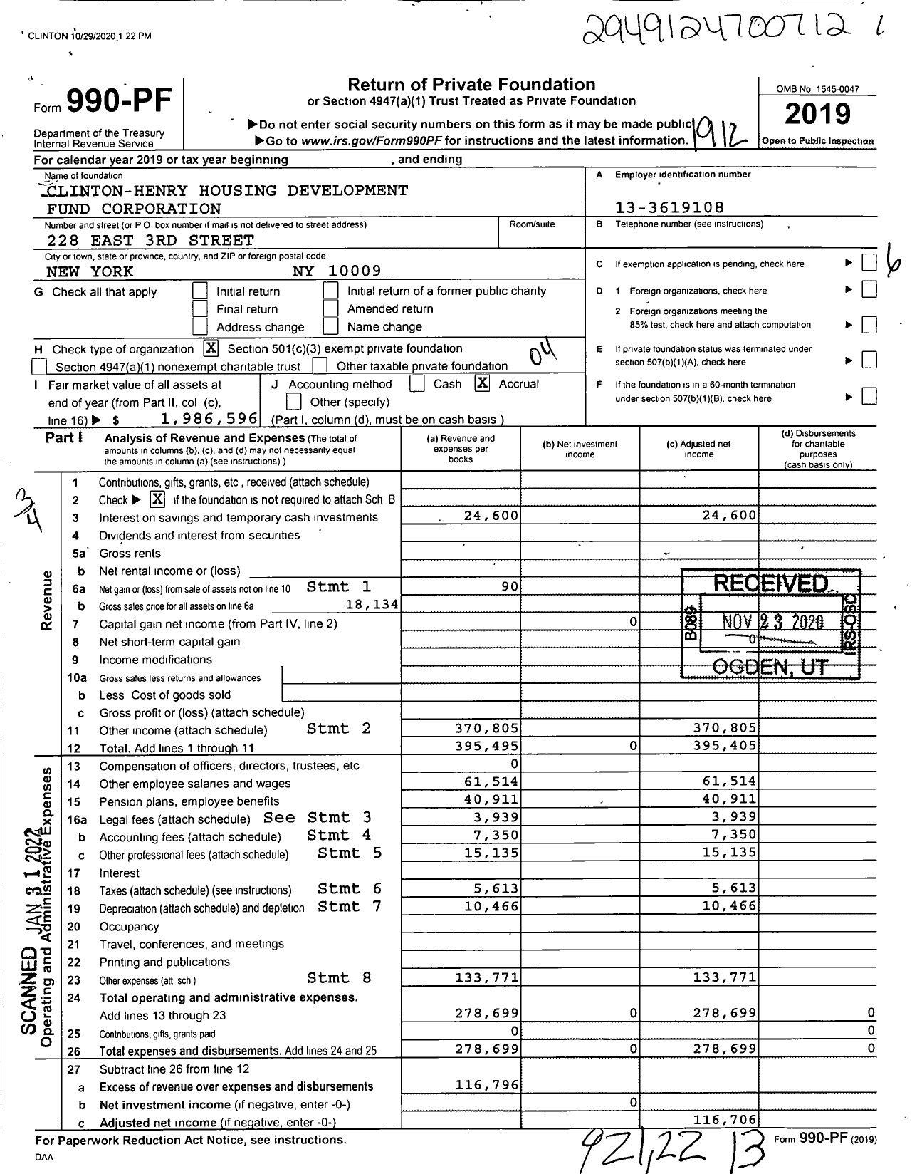 Image of first page of 2019 Form 990PF for Clinton-Henry Housing Development Fund Corporation