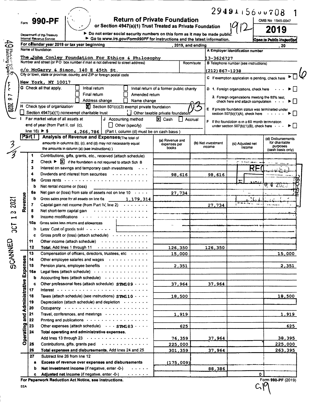 Image of first page of 2019 Form 990PF for The John Conley Foundation For Ethics & Philosophy