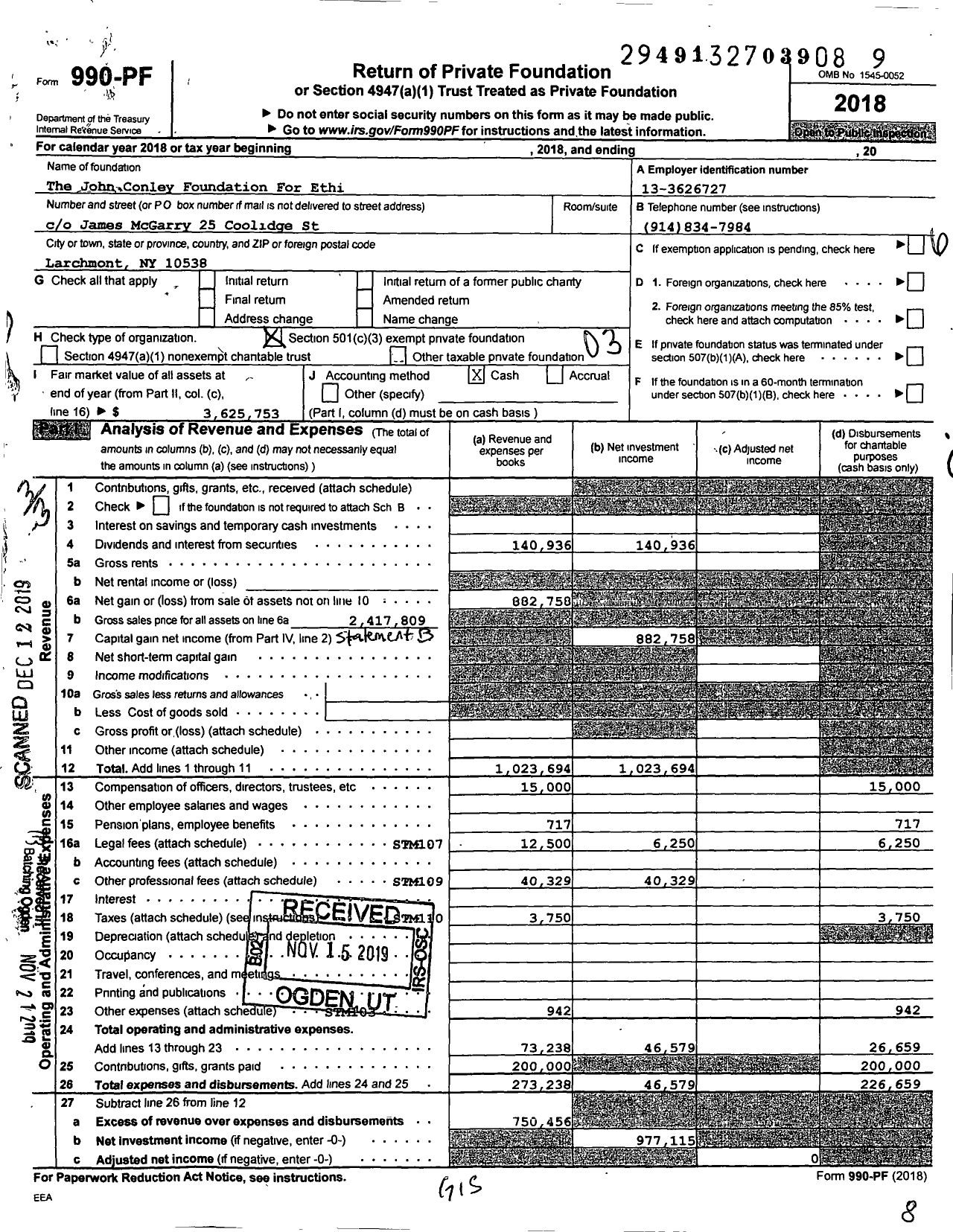 Image of first page of 2018 Form 990PF for The John Conley Foundation For Ethics & Philosophy