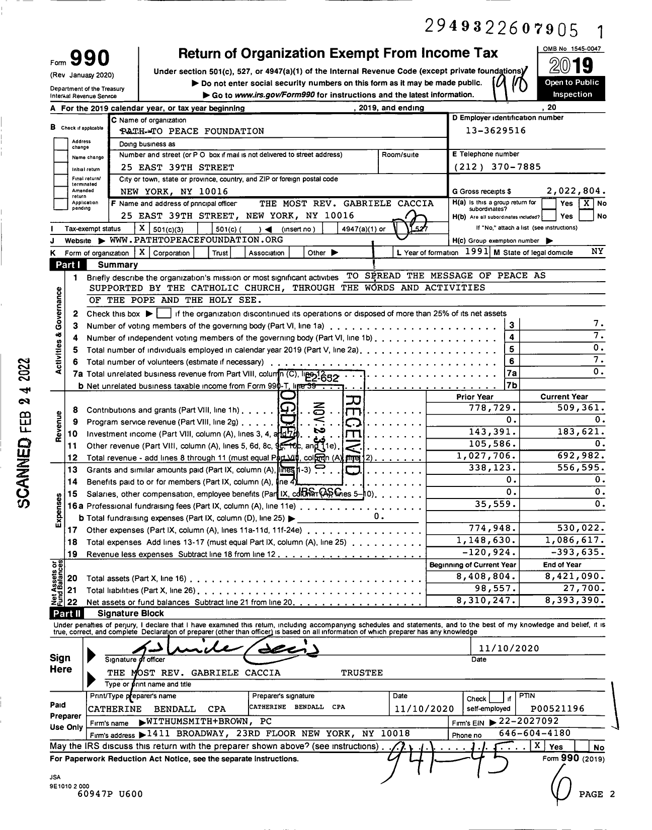 Image of first page of 2019 Form 990 for Path To Peace Foundation