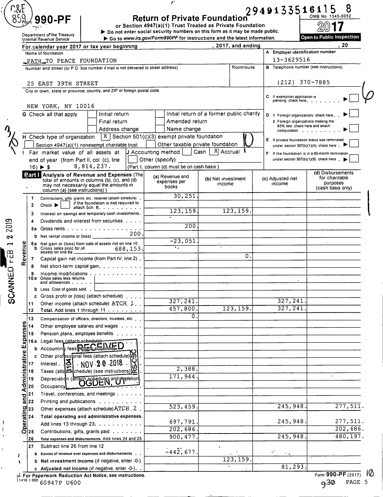 Image of first page of 2017 Form 990PF for Path To Peace Foundation