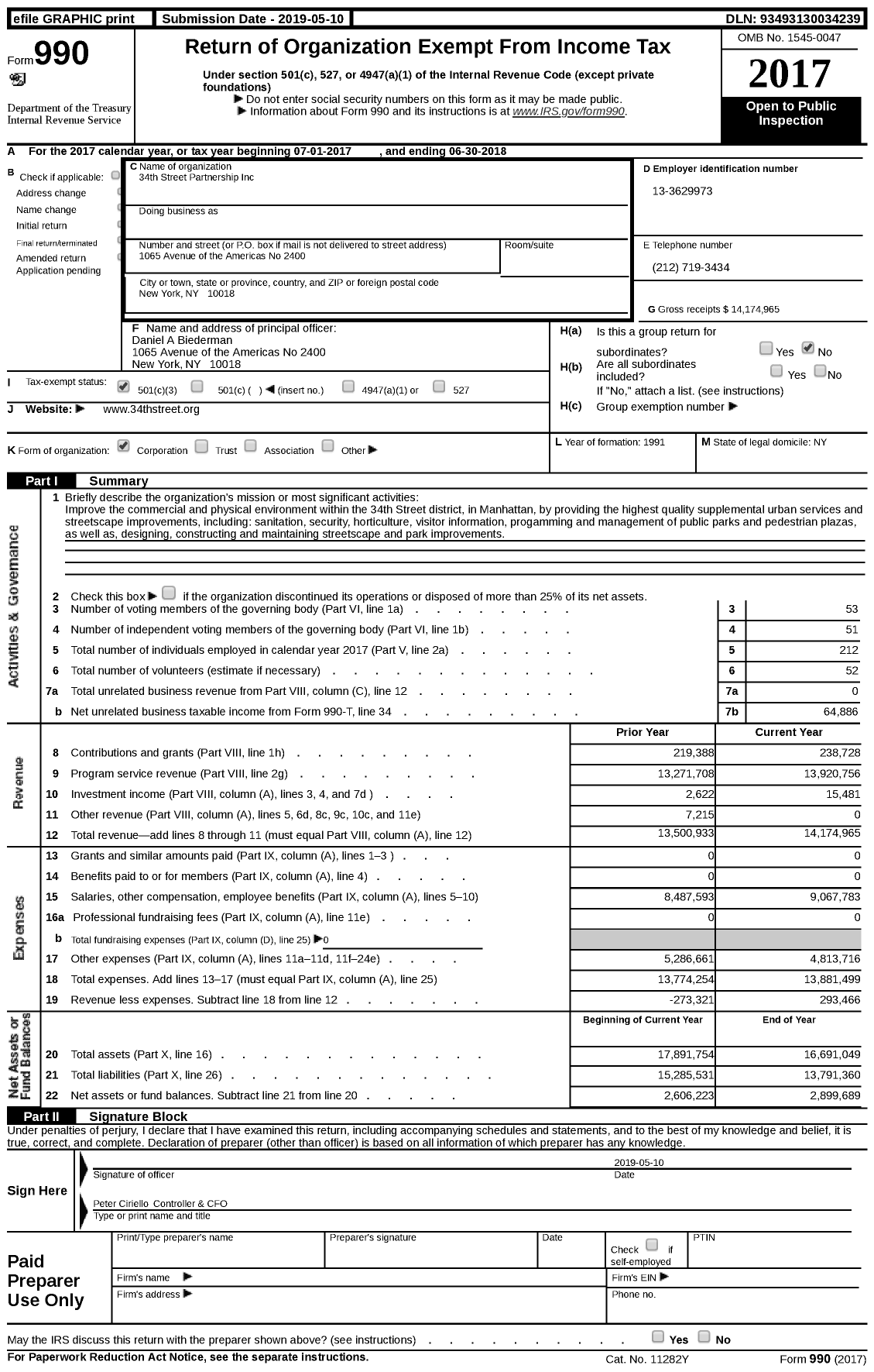 Image of first page of 2017 Form 990 for 34th Street Partnership
