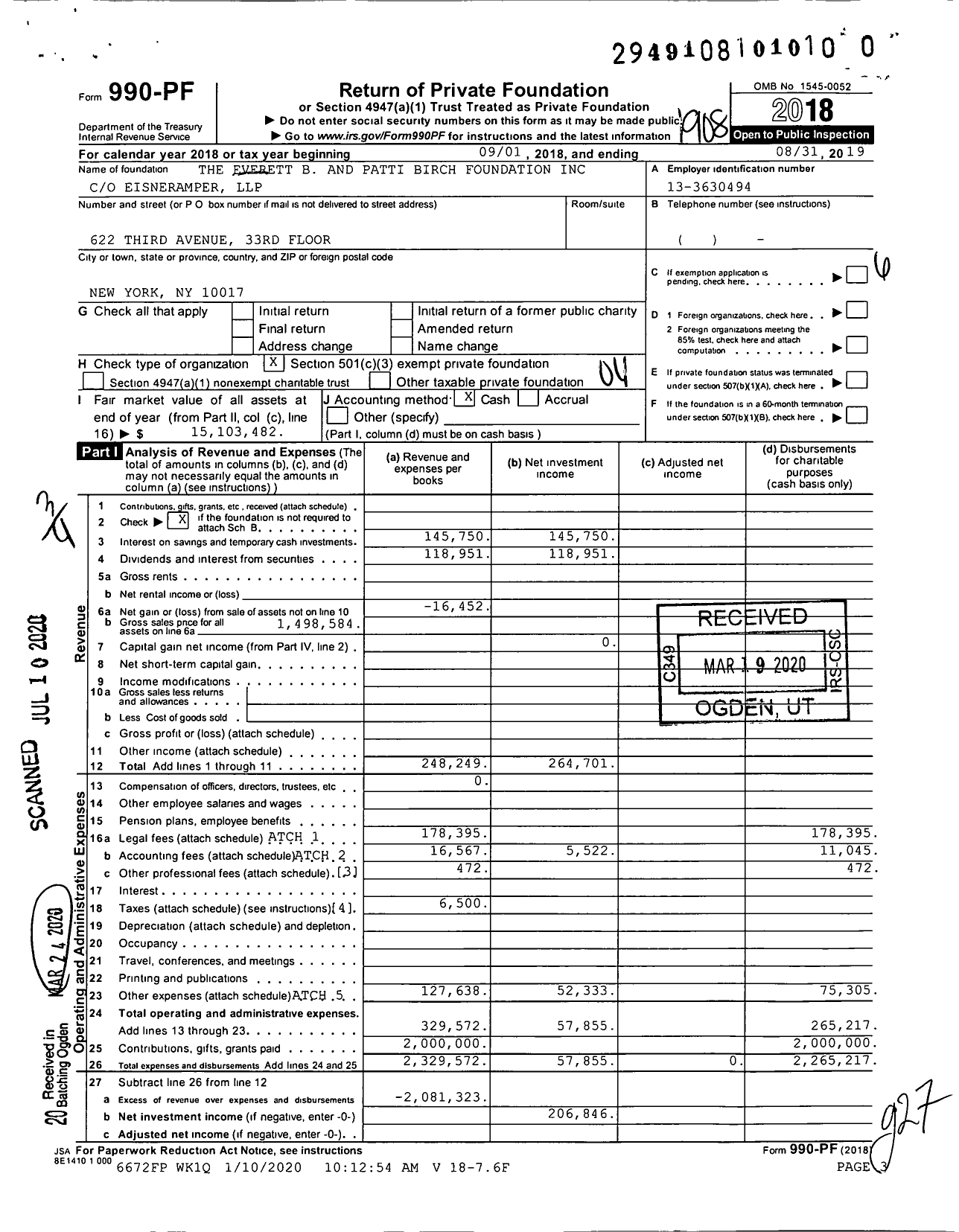Image of first page of 2018 Form 990PR for The Everett B and Patti Birch Foundation