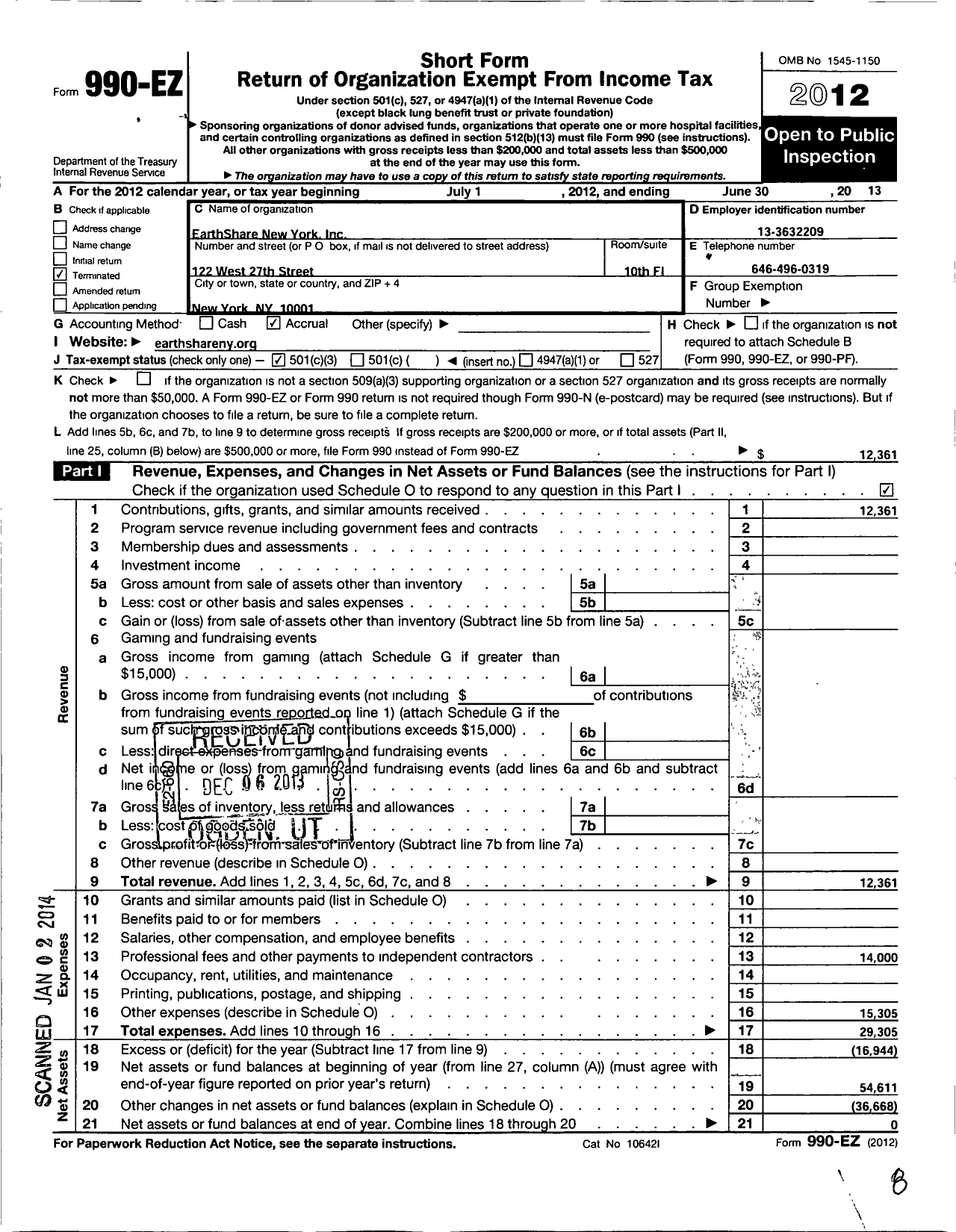 Image of first page of 2012 Form 990EZ for Earthshare of New York