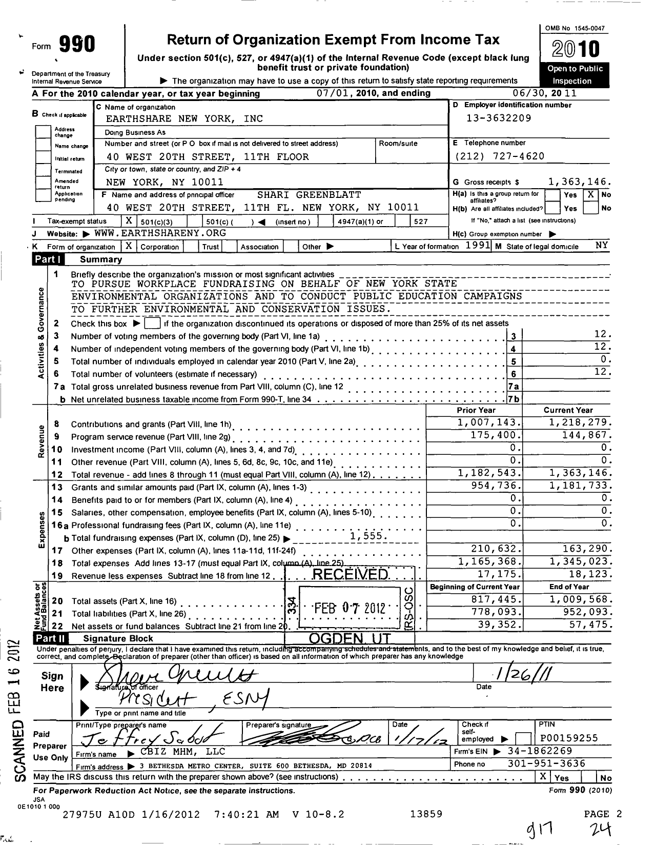Image of first page of 2010 Form 990 for Earthshare of New York