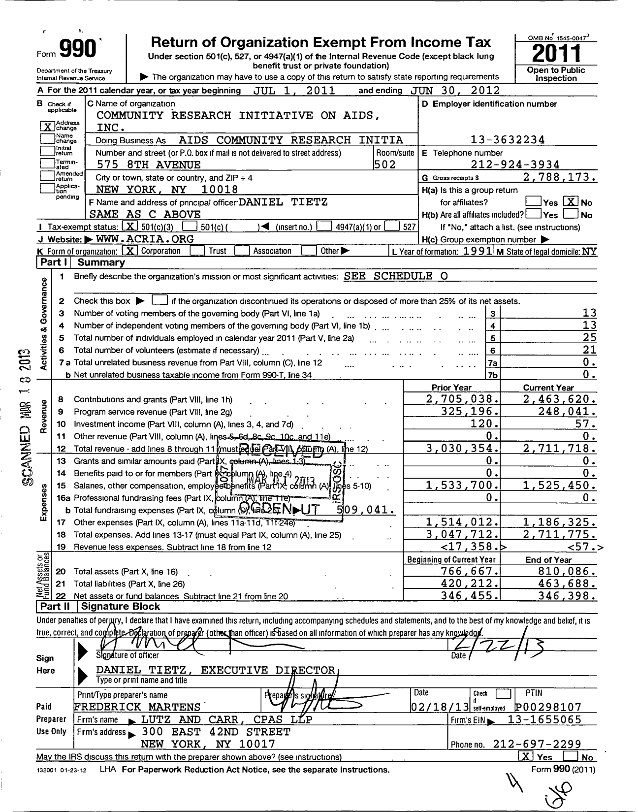 Image of first page of 2011 Form 990 for Aids Community Research Initiative of America (ACRIA)