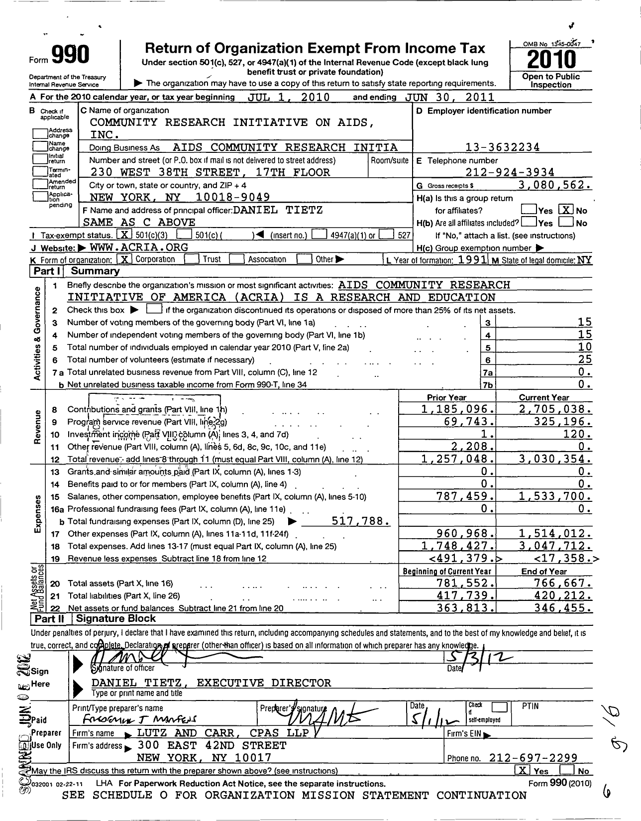 Image of first page of 2010 Form 990 for Aids Community Research Initiative of America (ACRIA)