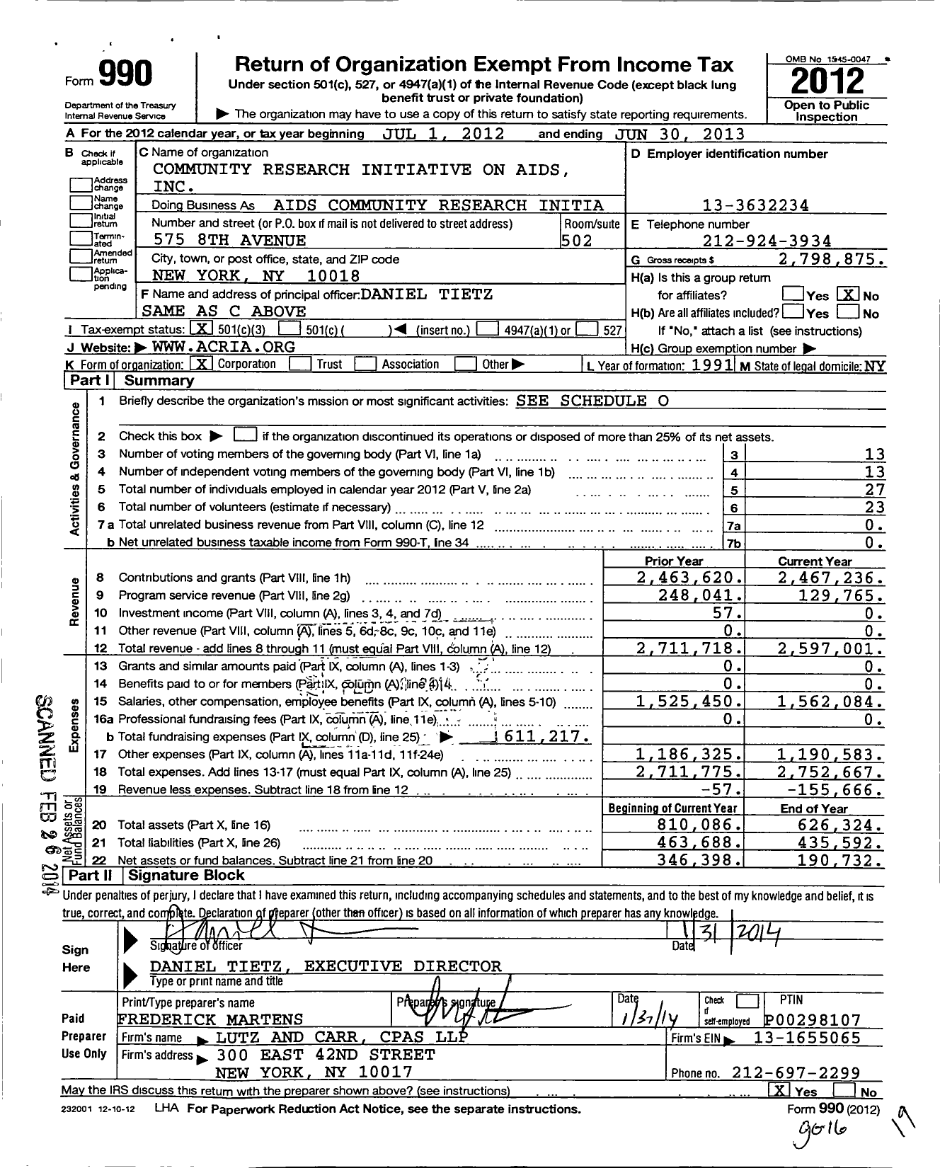 Image of first page of 2012 Form 990 for Aids Community Research Initiative of America (ACRIA)