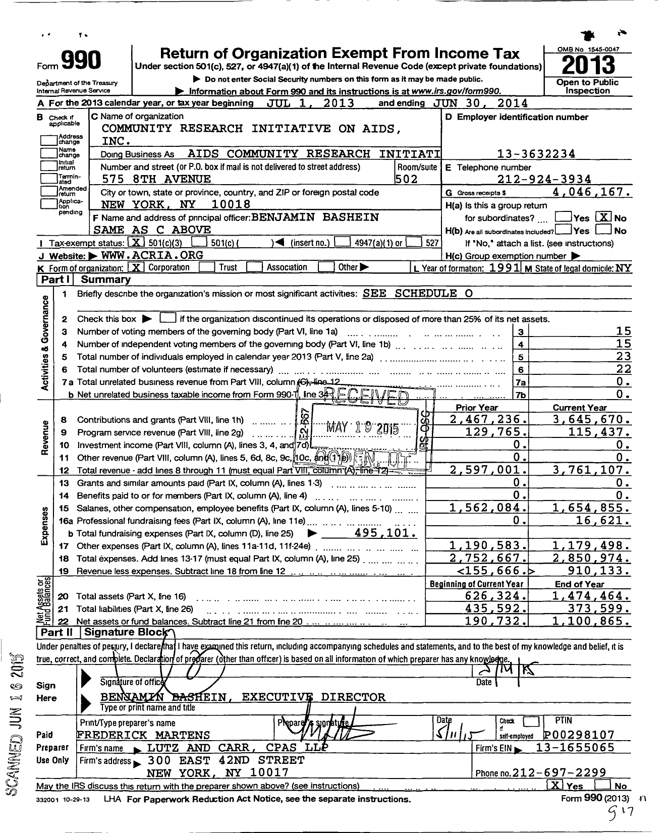 Image of first page of 2013 Form 990 for Aids Community Research Initiative of America (ACRIA)