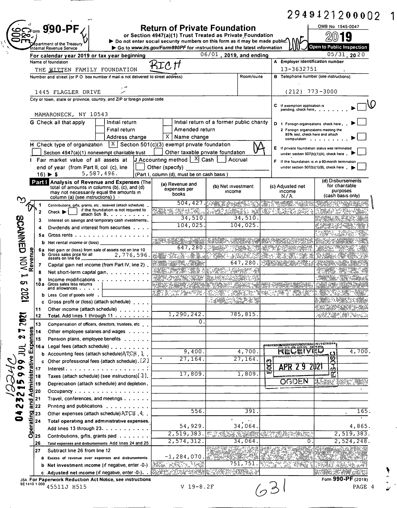 Image of first page of 2019 Form 990PF for The Witten Family Foundation