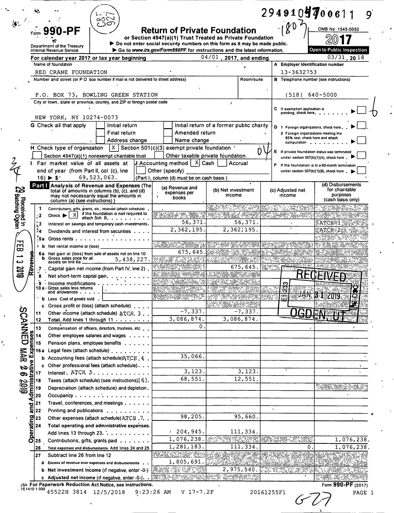 Image of first page of 2017 Form 990PF for Red Crane Foundation