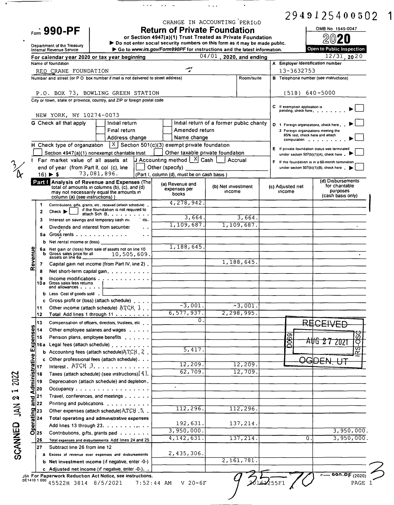 Image of first page of 2020 Form 990PF for Red Crane Foundation