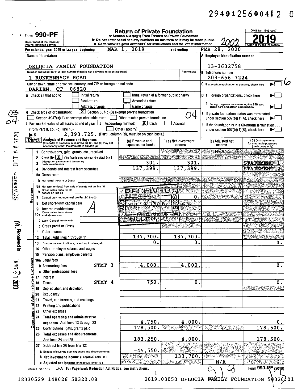 Image of first page of 2019 Form 990PR for Delucia Family Foundation