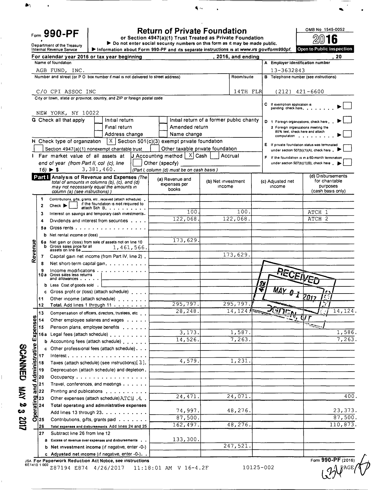 Image of first page of 2016 Form 990PF for Agb Fund