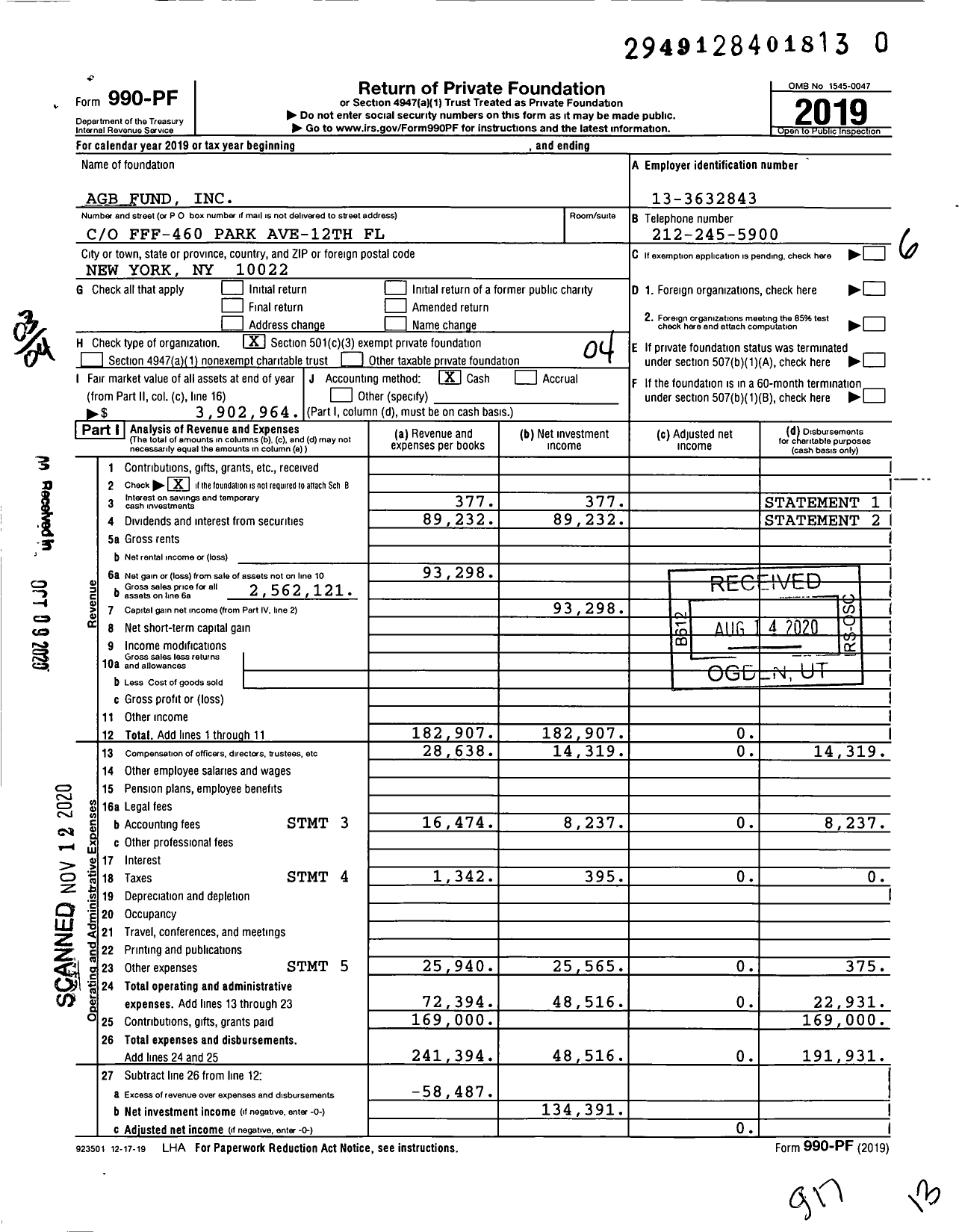 Image of first page of 2019 Form 990PF for Agb Fund
