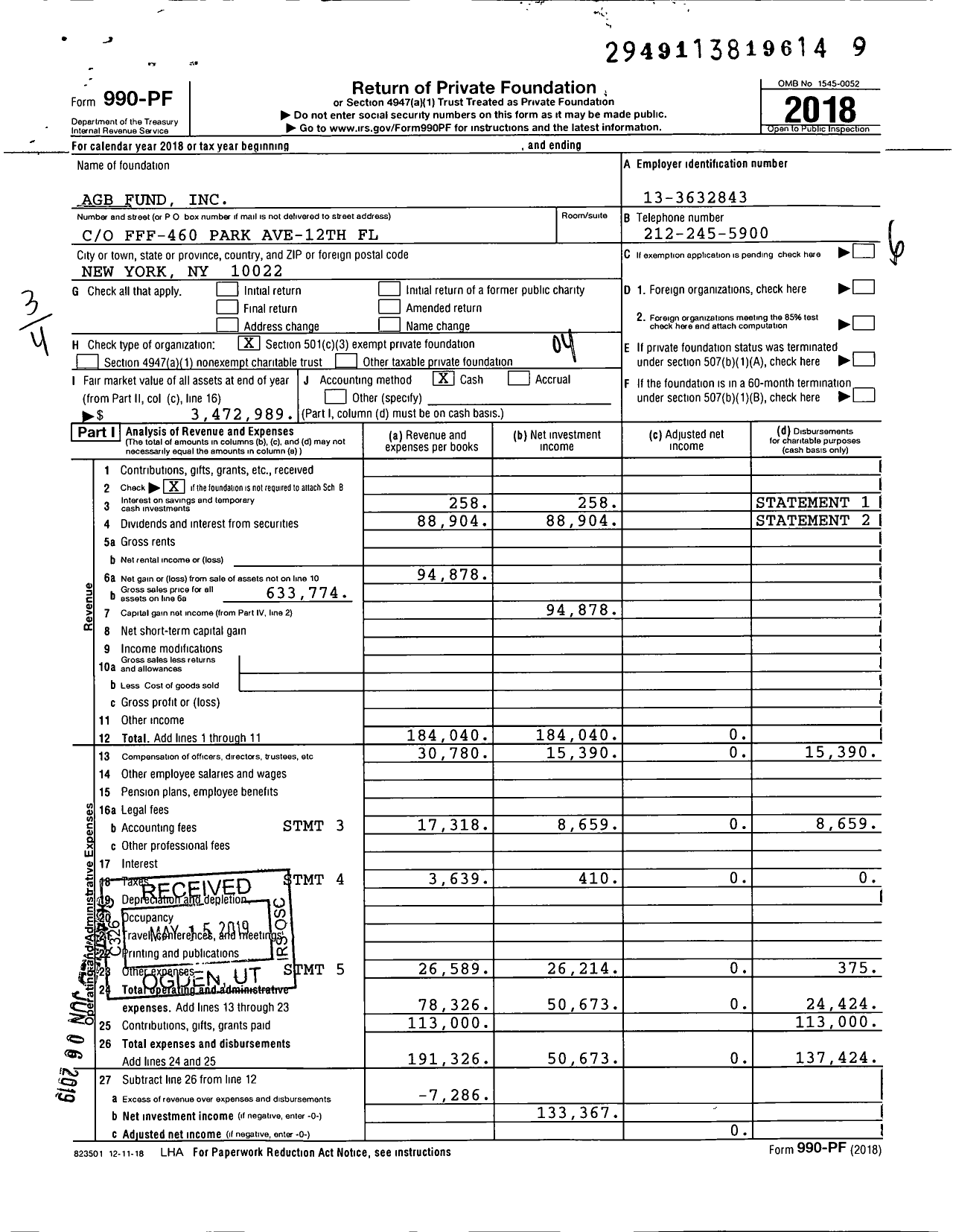 Image of first page of 2018 Form 990PF for Agb Fund