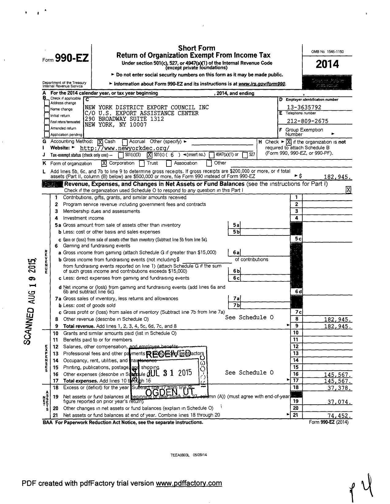 Image of first page of 2014 Form 990EO for New York District Export Council