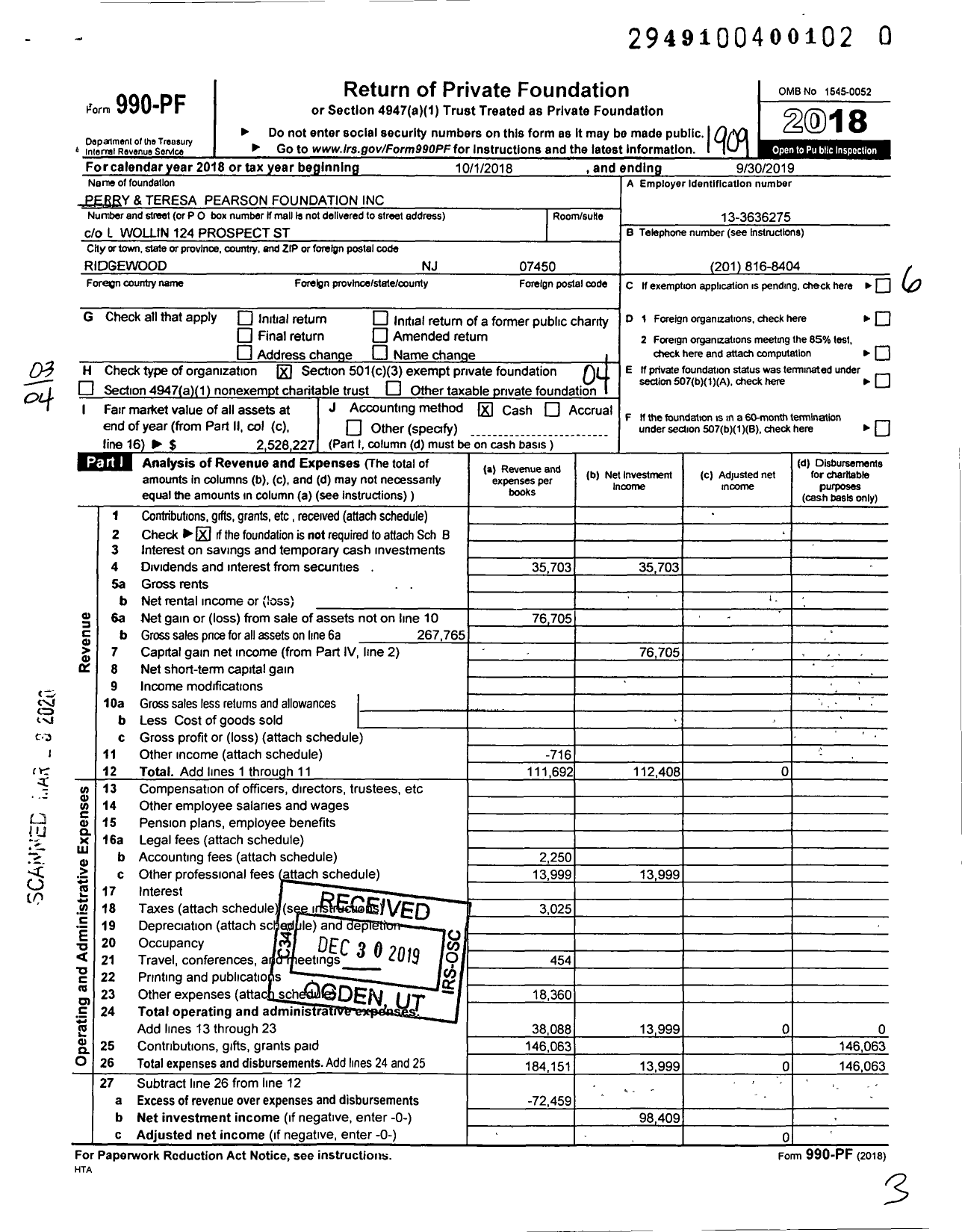 Image of first page of 2018 Form 990PR for Perry and Teresa Pearson Foundation