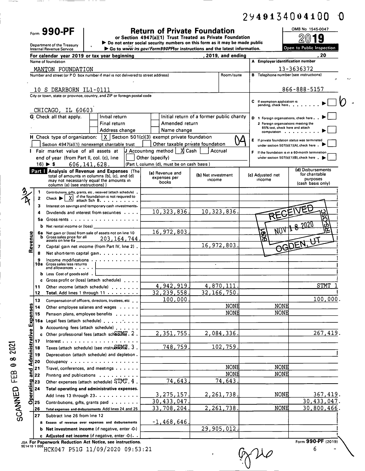 Image of first page of 2019 Form 990PF for Manton Foundation
