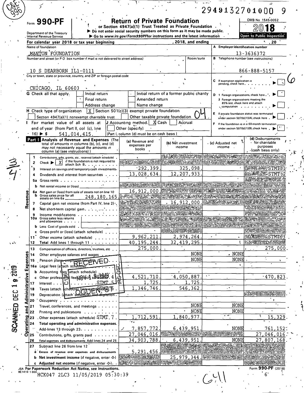 Image of first page of 2018 Form 990PF for Manton Foundation