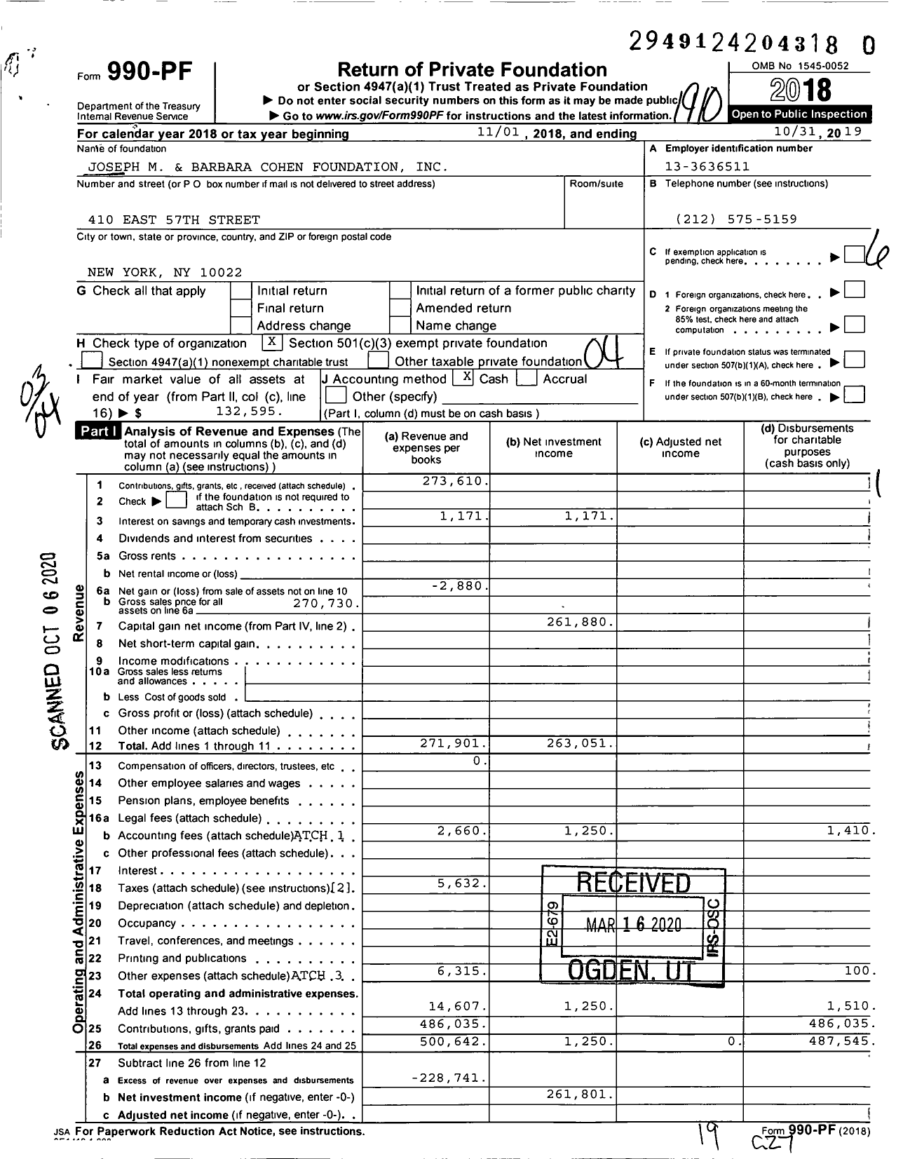 Image of first page of 2018 Form 990PR for Joseph M and Barbara Cohen Foundation