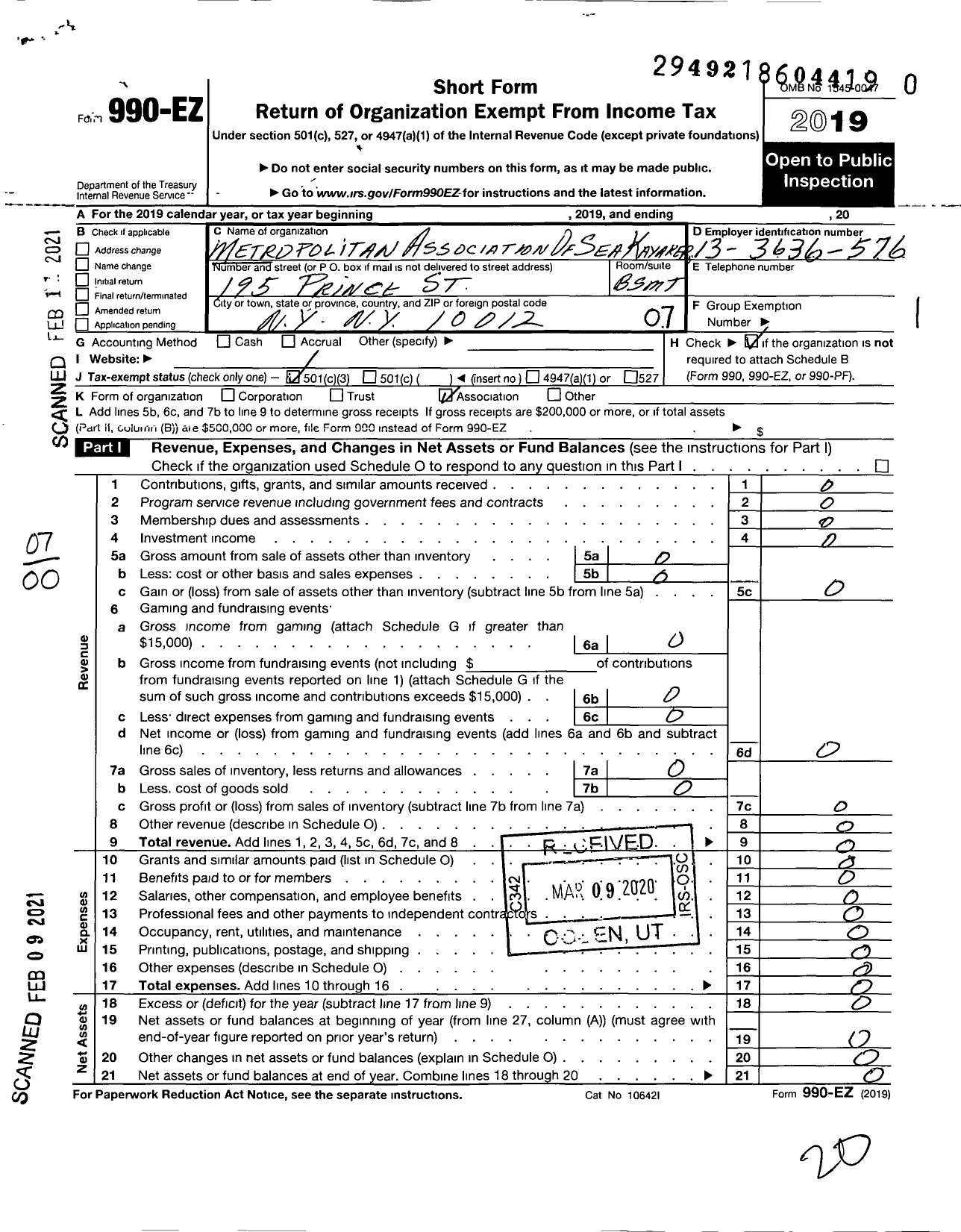 Image of first page of 2019 Form 990EO for Metropolitan Association of Sea Kayakers