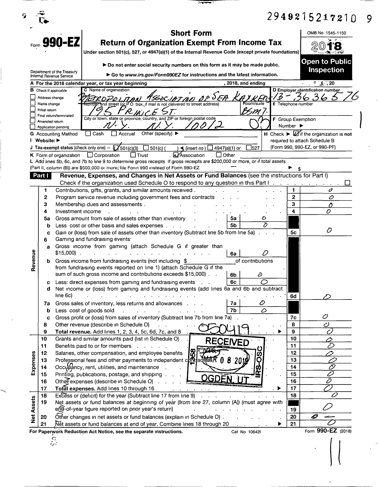 Image of first page of 2018 Form 990EZ for Metropolitan Association of Sea Kayakers