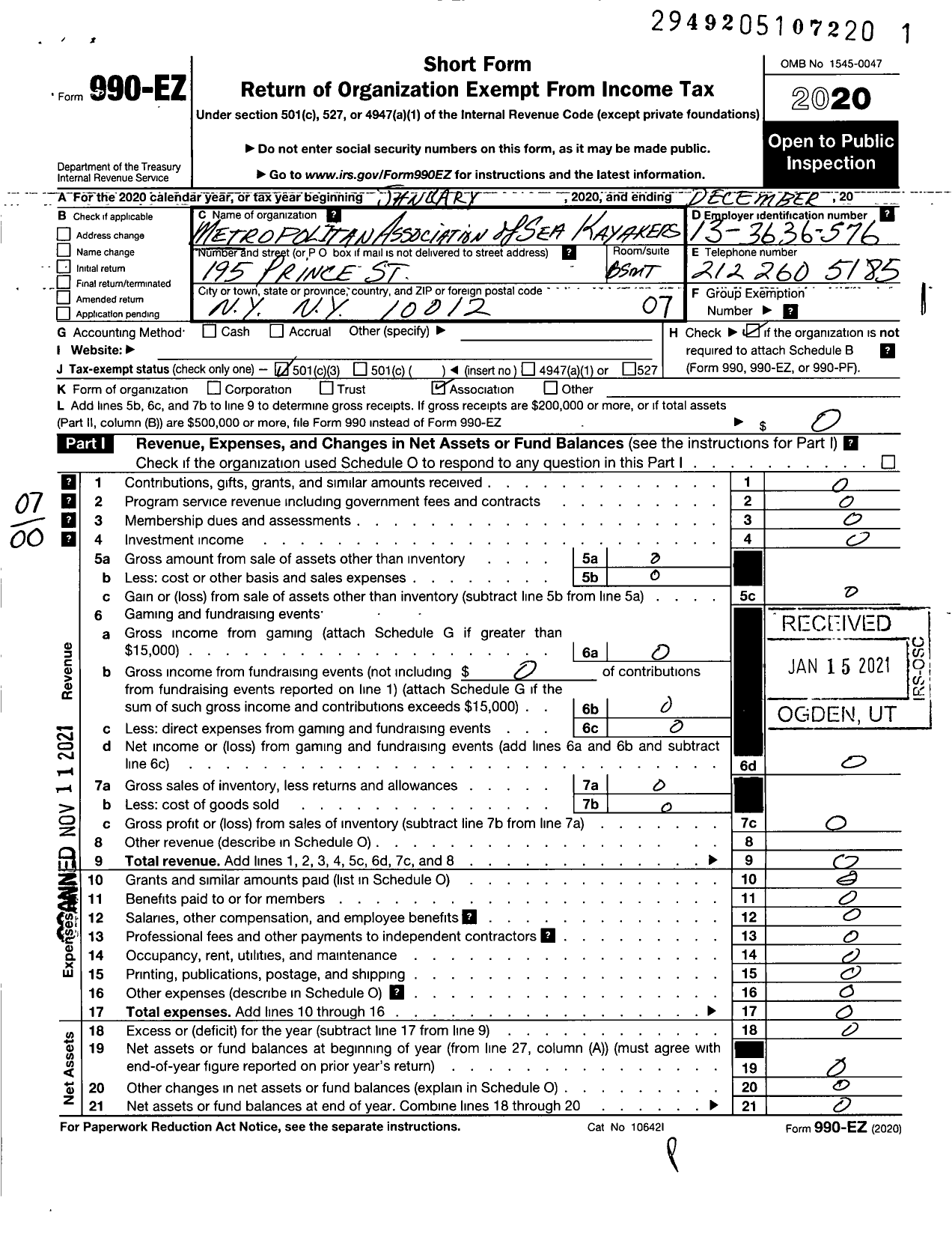 Image of first page of 2020 Form 990EO for Metropolitan Association of Sea Kayakers