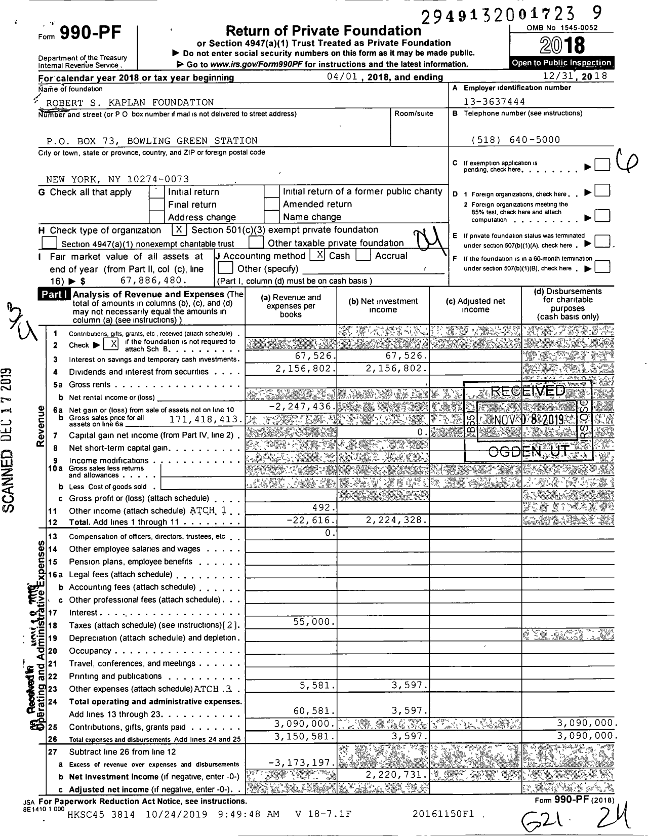 Image of first page of 2018 Form 990PF for Robert S Kaplan Foundation