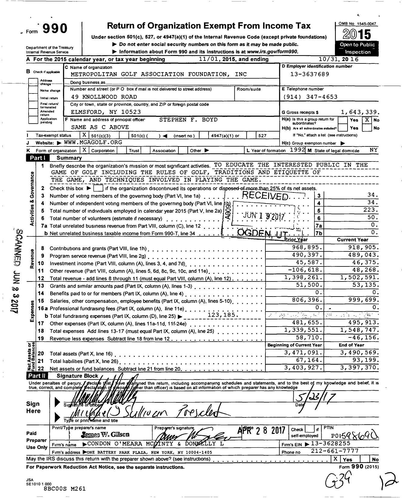 Image of first page of 2015 Form 990 for Metropolitan Golf Association Foundation