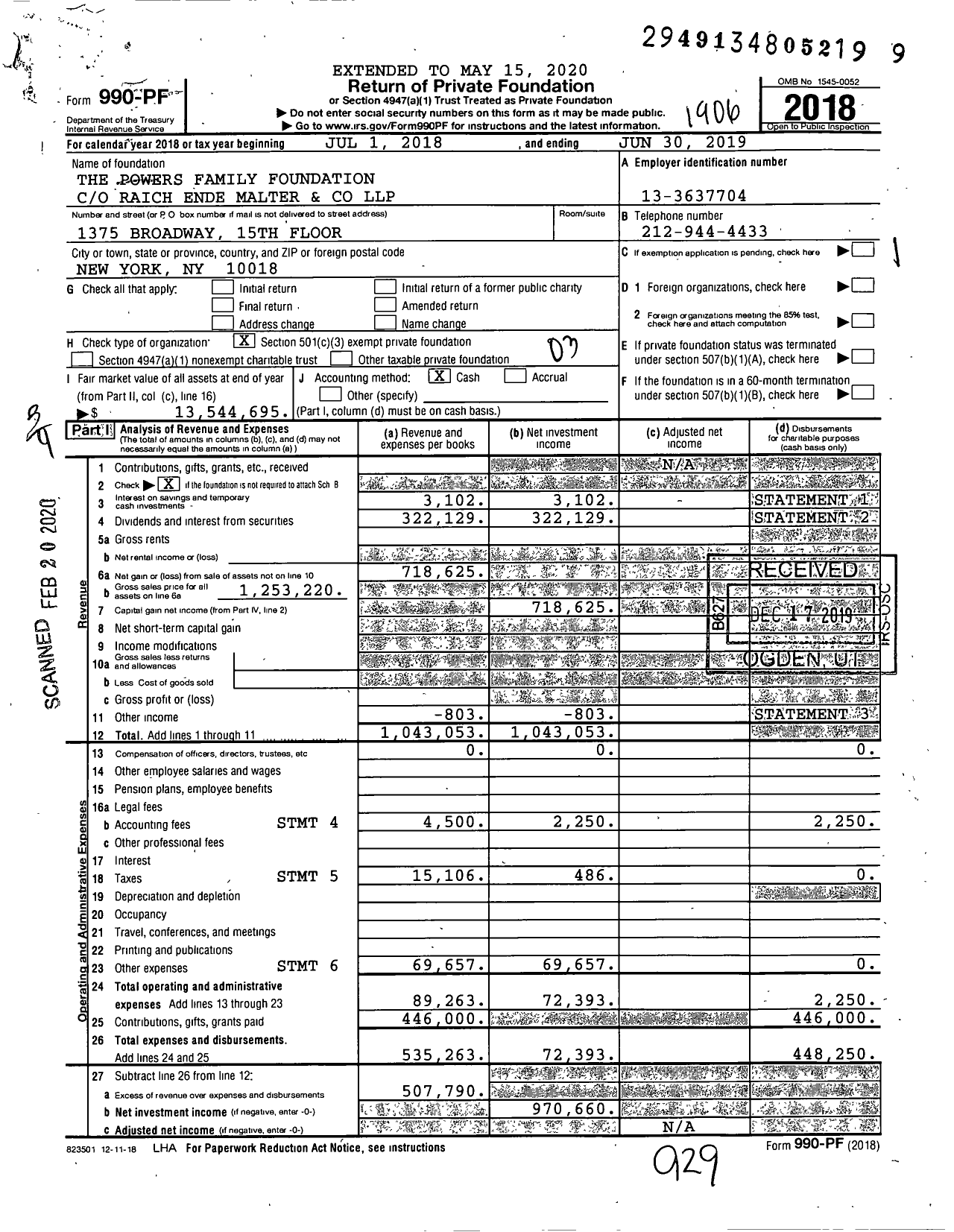 Image of first page of 2018 Form 990PF for The Powers Family Foundation