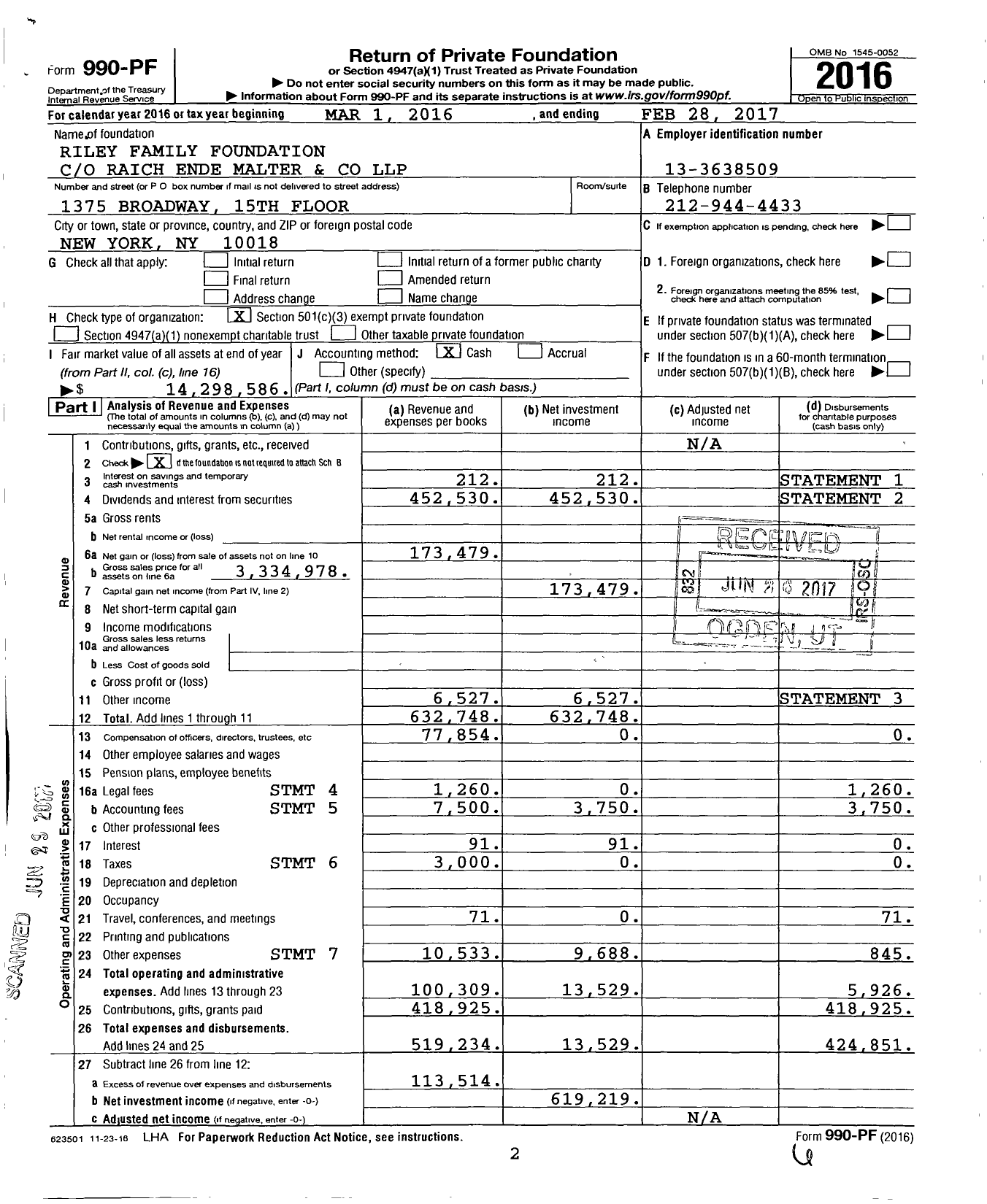 Image of first page of 2016 Form 990PF for Riley Family Foundation