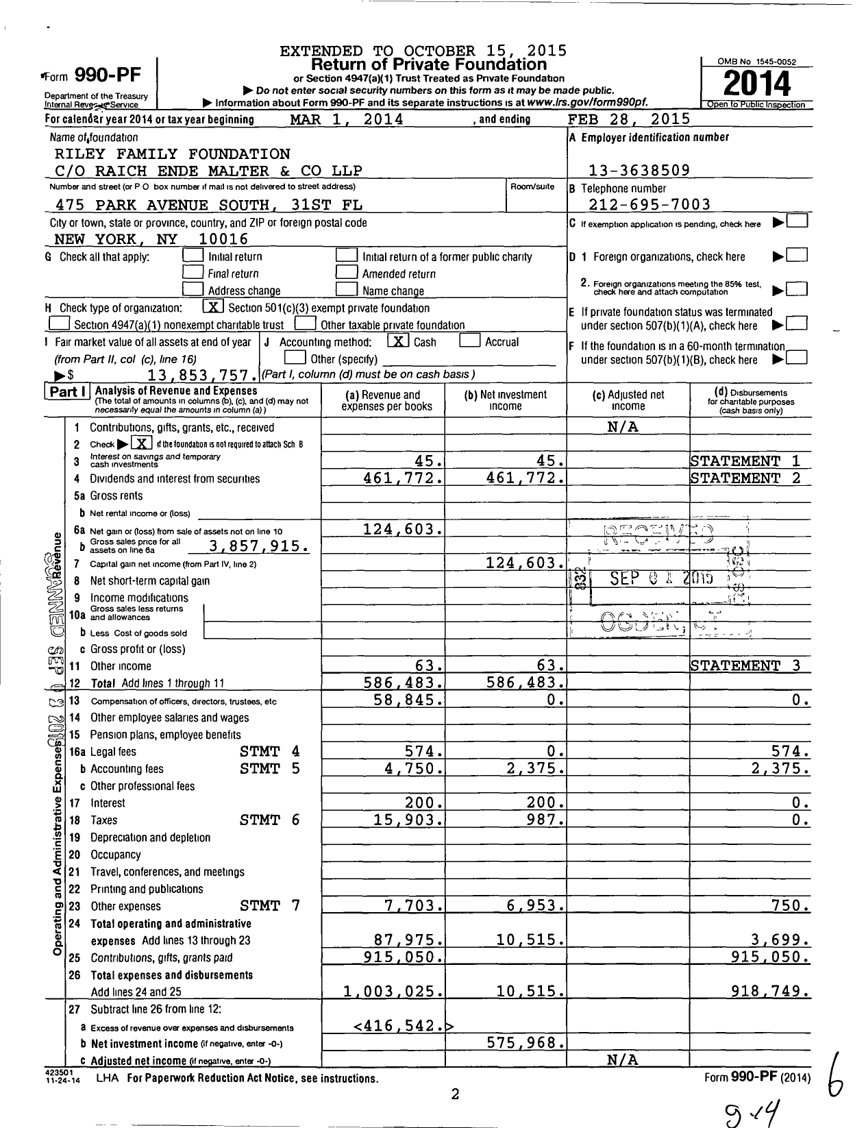 Image of first page of 2014 Form 990PF for Riley Family Foundation