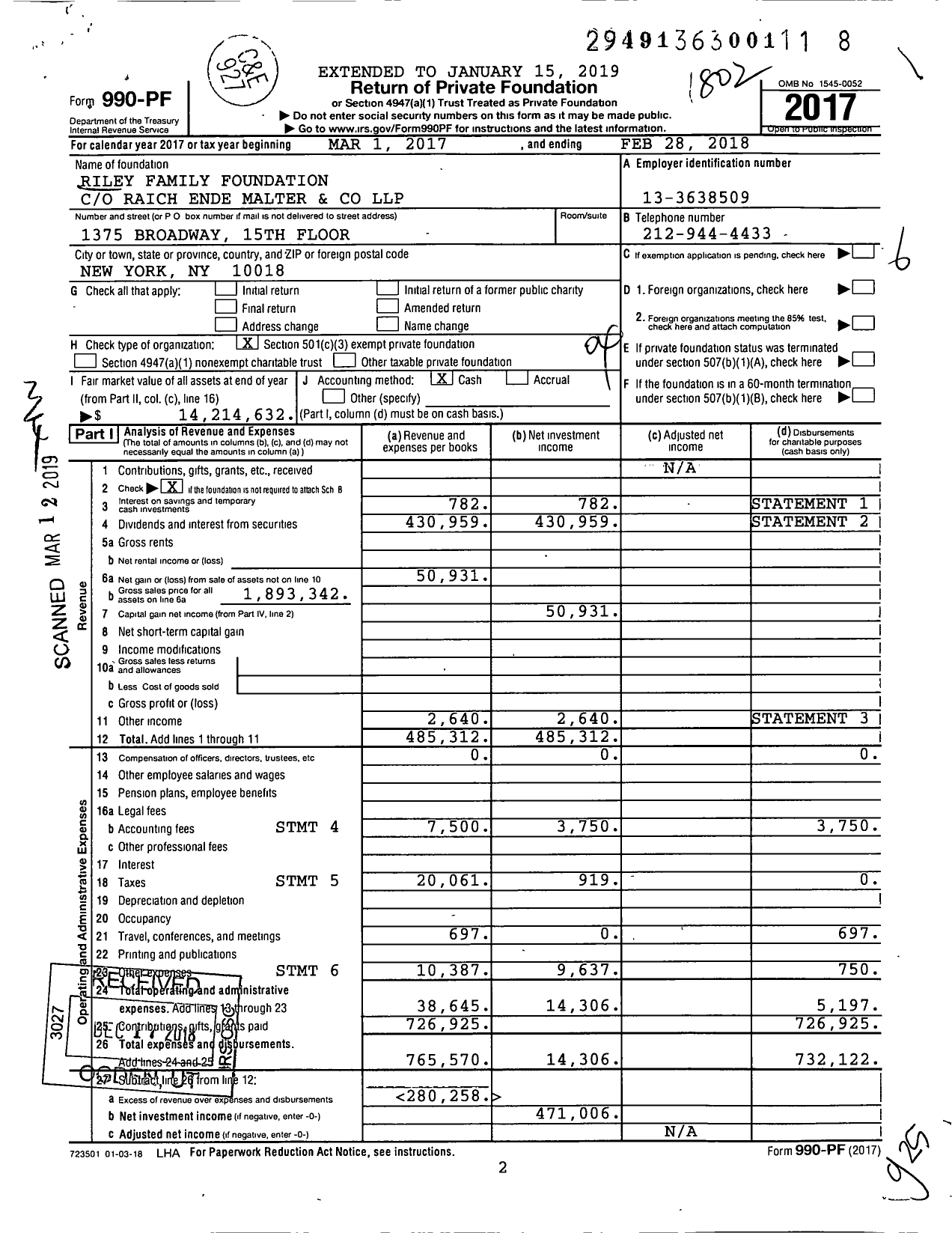 Image of first page of 2017 Form 990PF for Riley Family Foundation