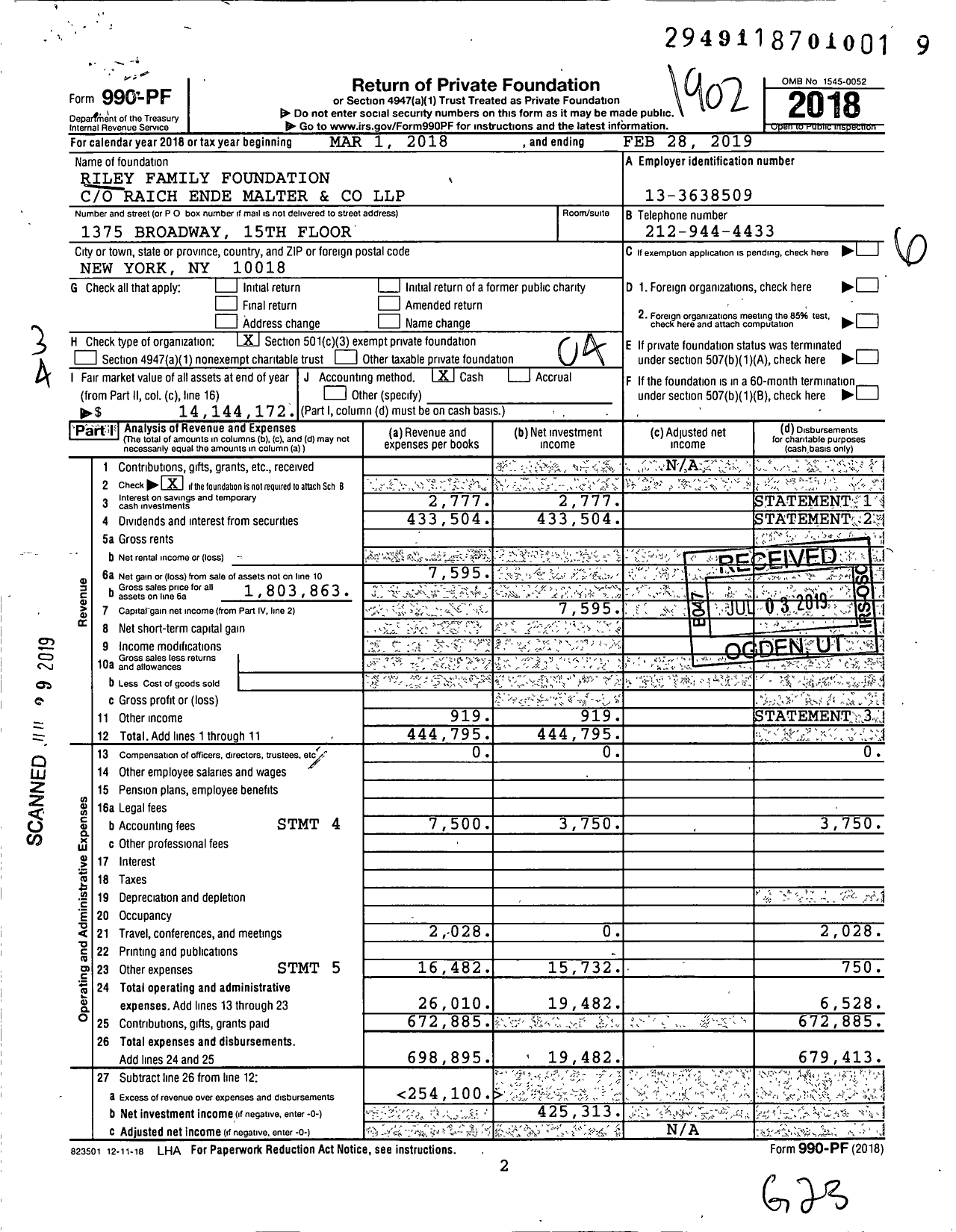 Image of first page of 2018 Form 990PF for Riley Family Foundation