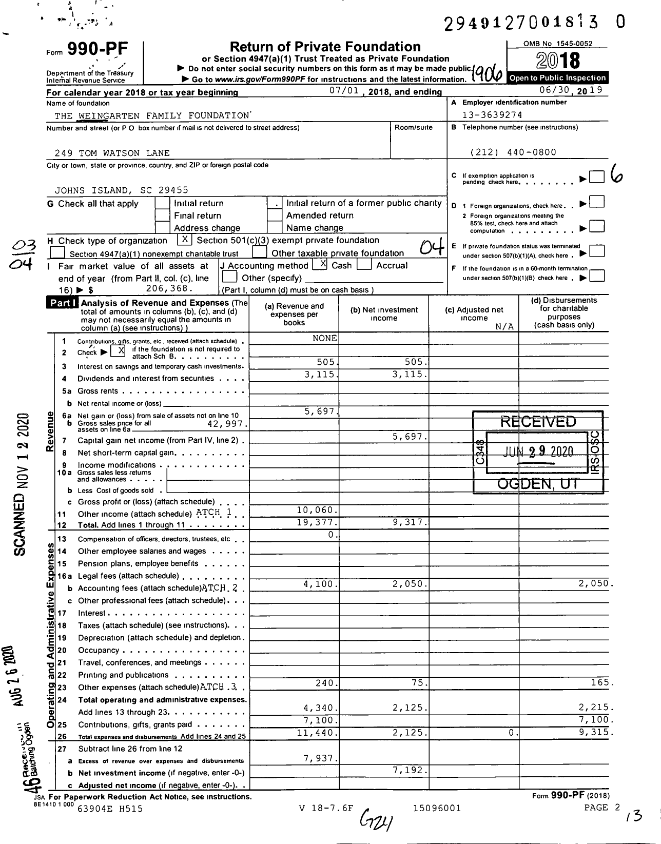 Image of first page of 2018 Form 990PF for The Weingarten Family Foundation