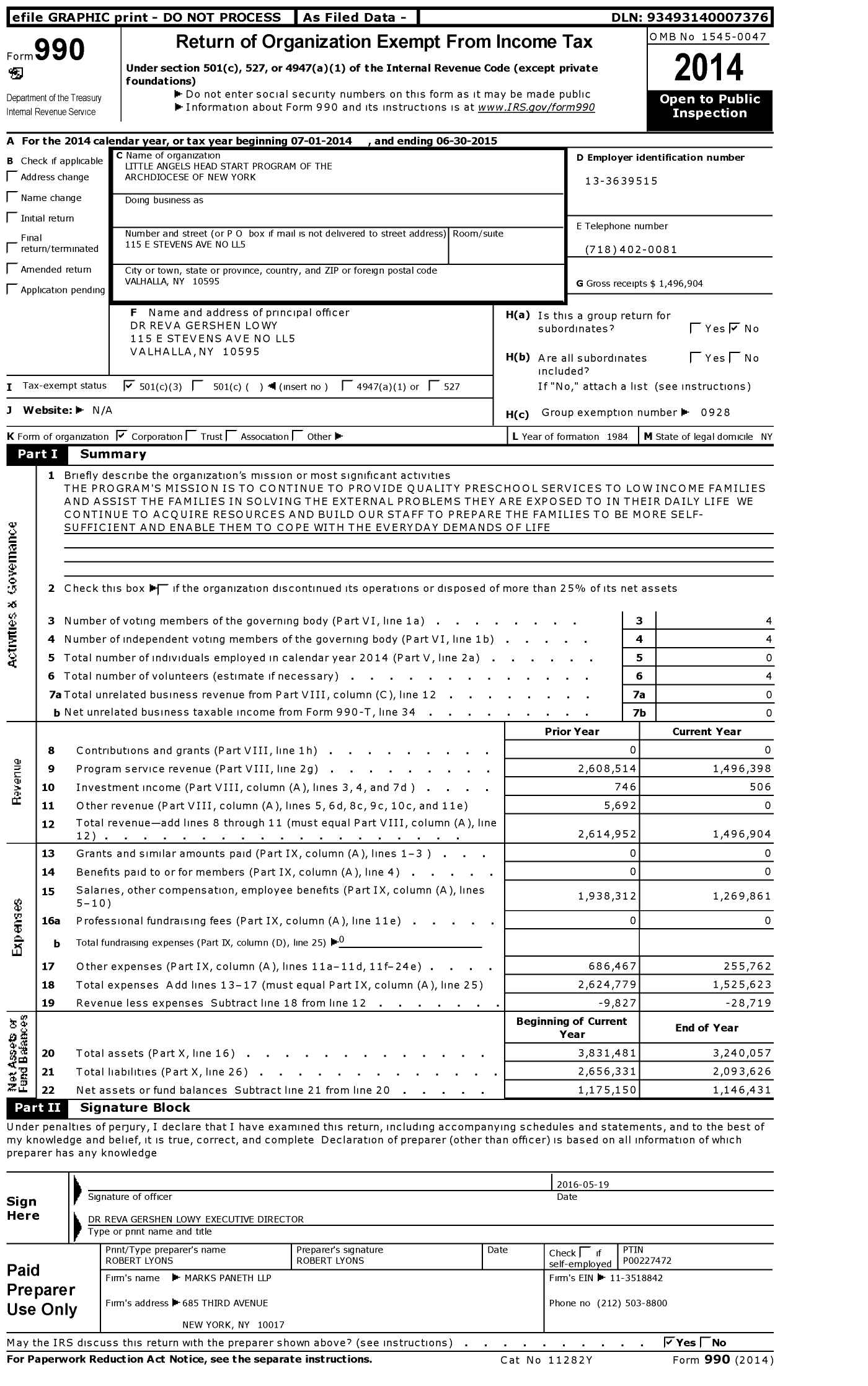 Image of first page of 2014 Form 990 for Little Angels Head Start Program of the Archdiocese of New York