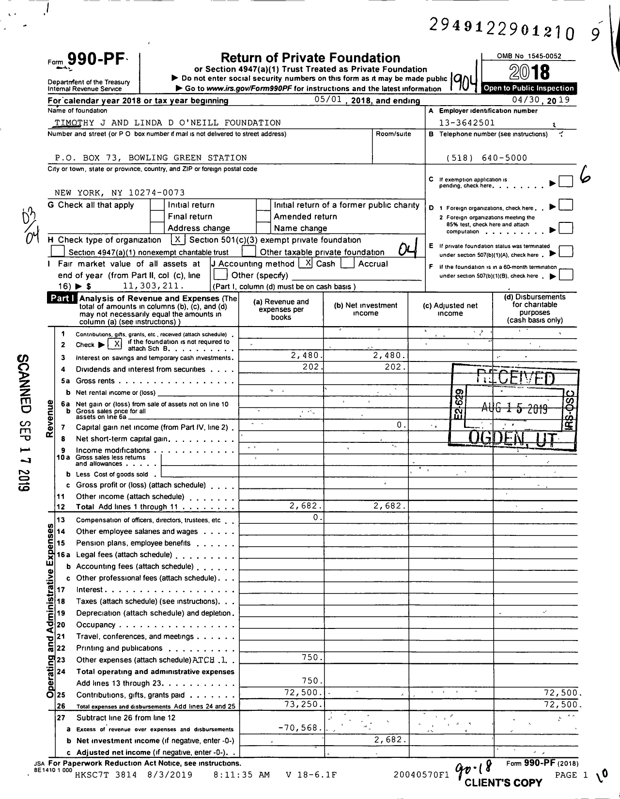 Image of first page of 2018 Form 990PF for Timothy J And Linda D O'Neill Foundation