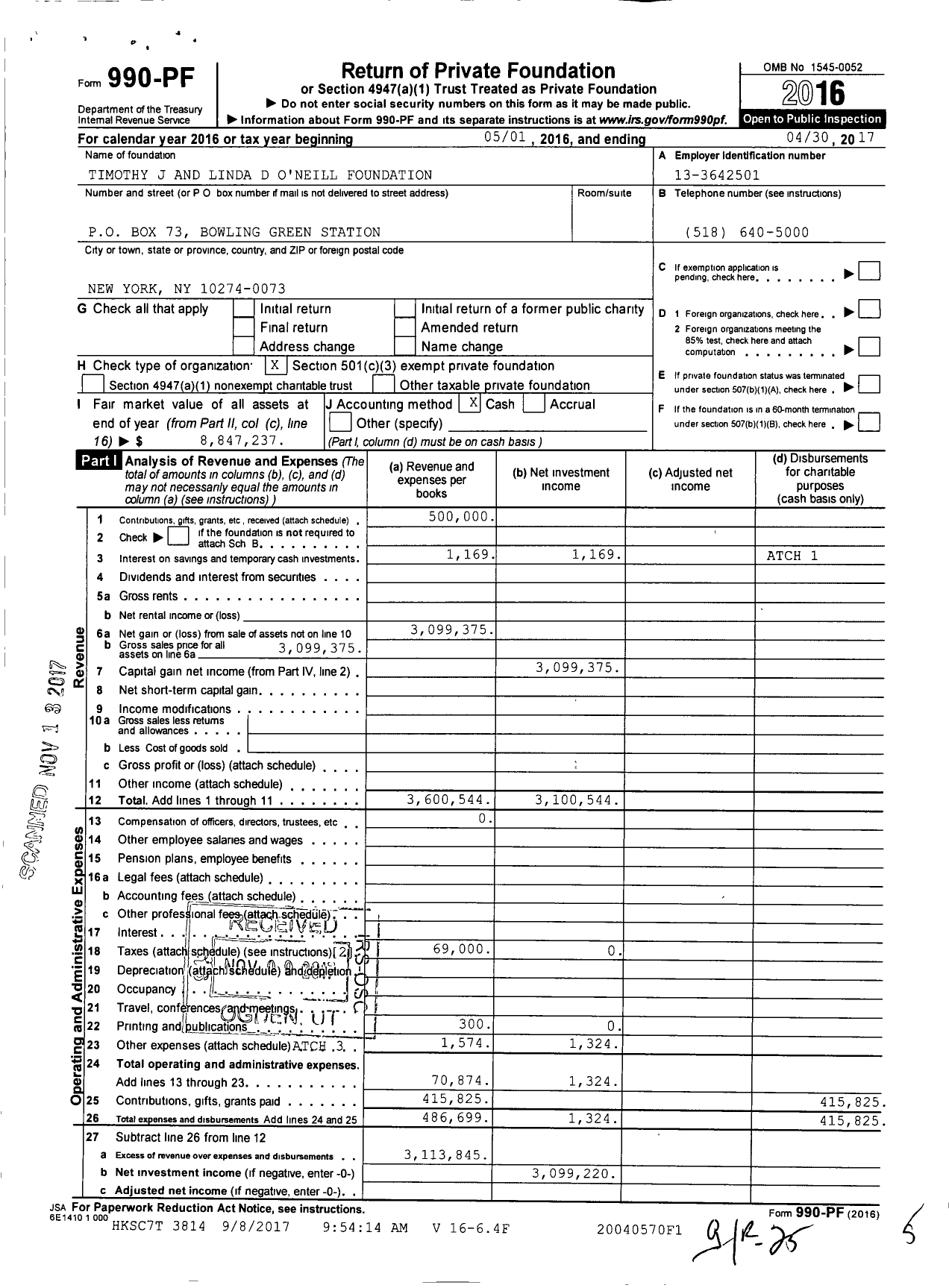 Image of first page of 2016 Form 990PF for Timothy J And Linda D O'Neill Foundation