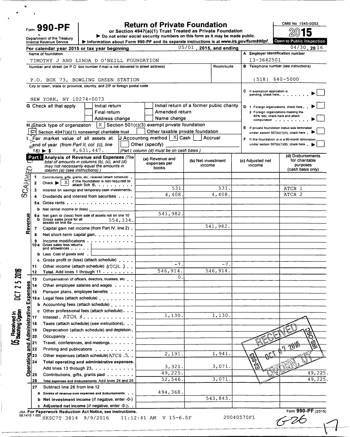 Image of first page of 2015 Form 990PF for Timothy J And Linda D O'Neill Foundation