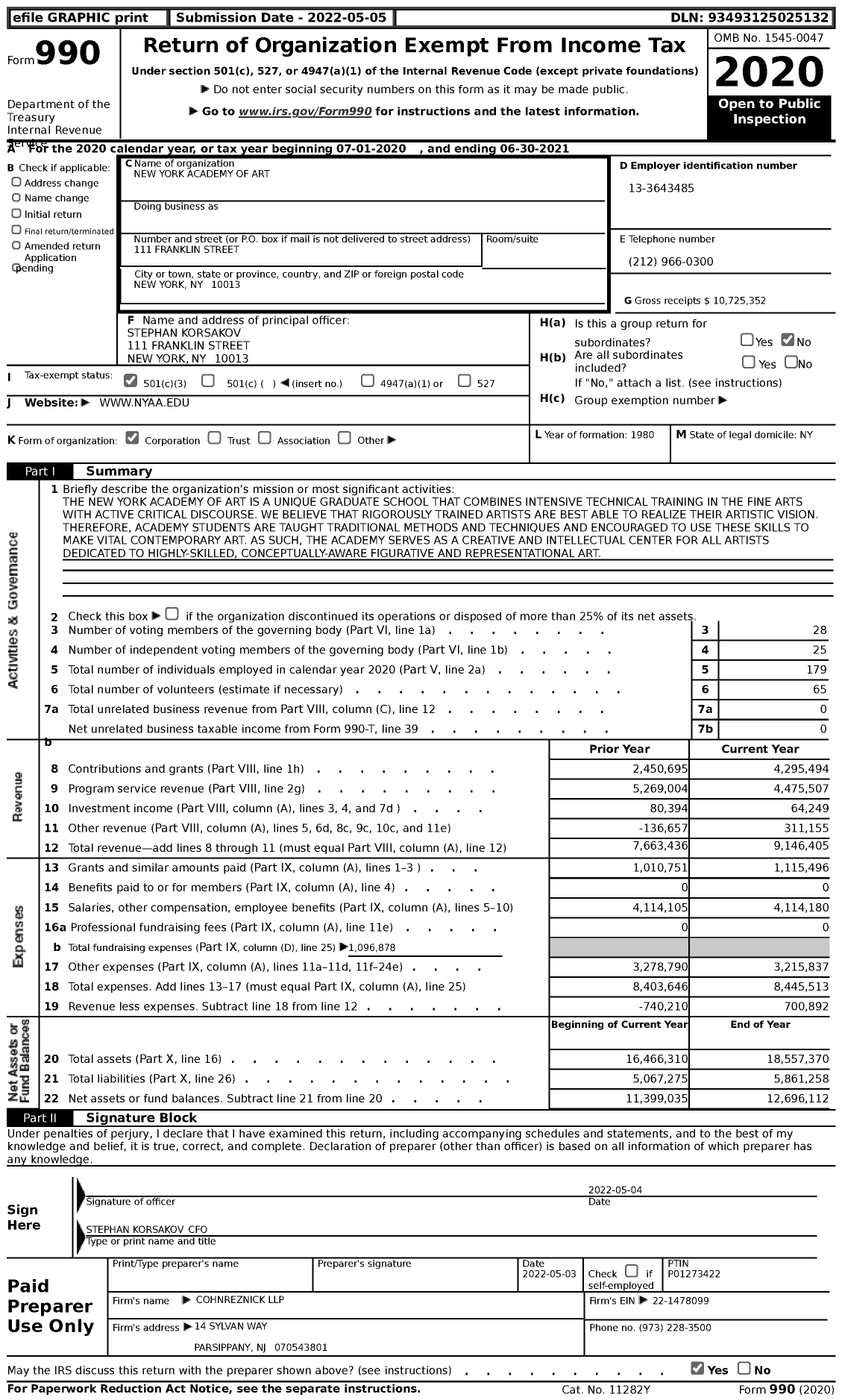 Image of first page of 2020 Form 990 for New York Academy of Art (NYAA)