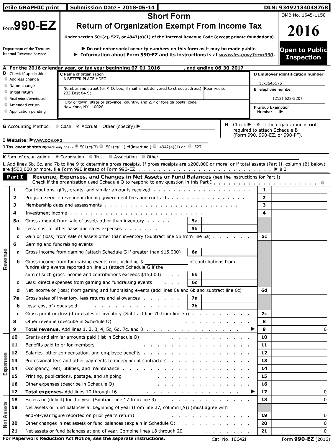 Image of first page of 2016 Form 990EZ for A Better Place HDFC