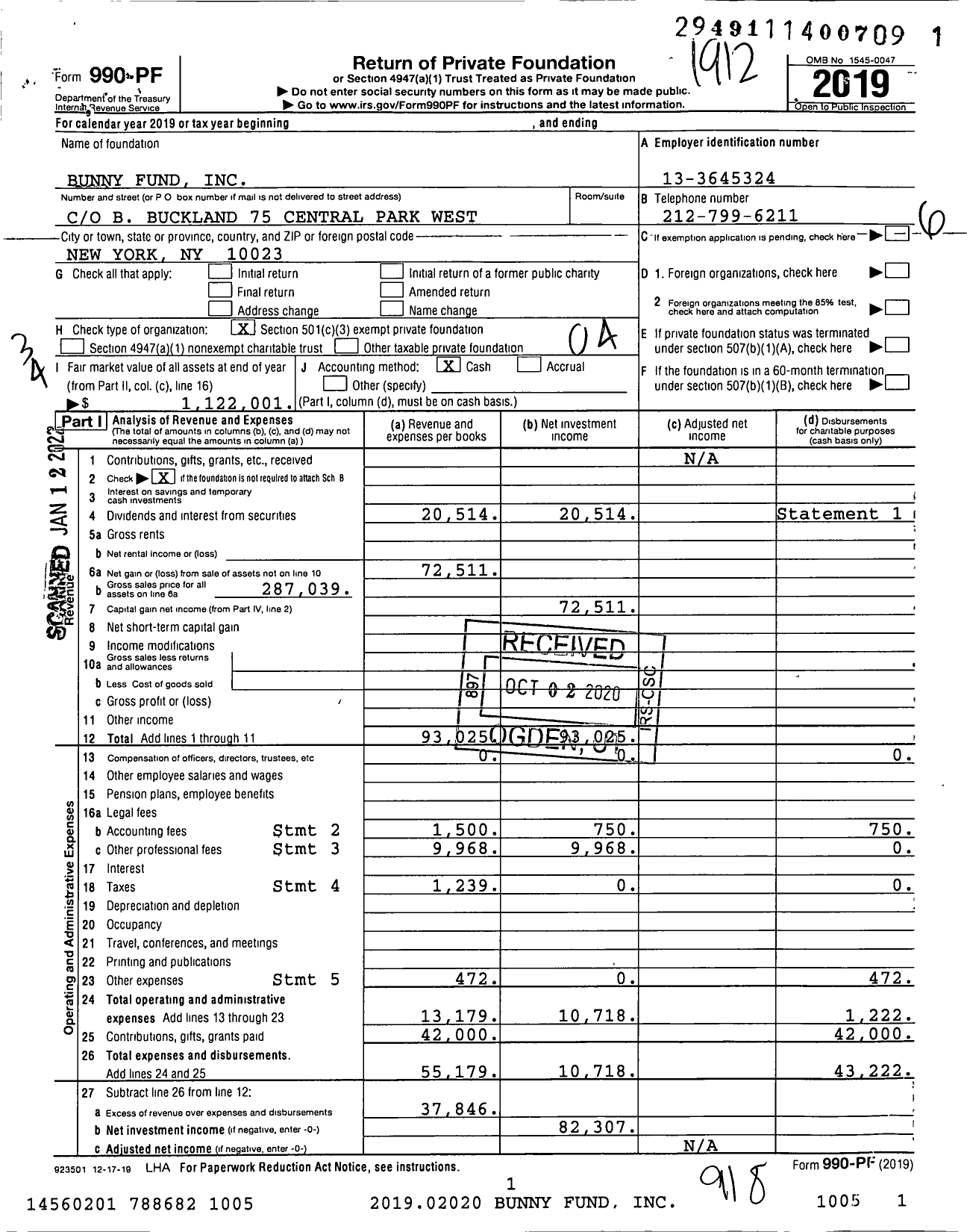 Image of first page of 2019 Form 990PF for Bunny Fund