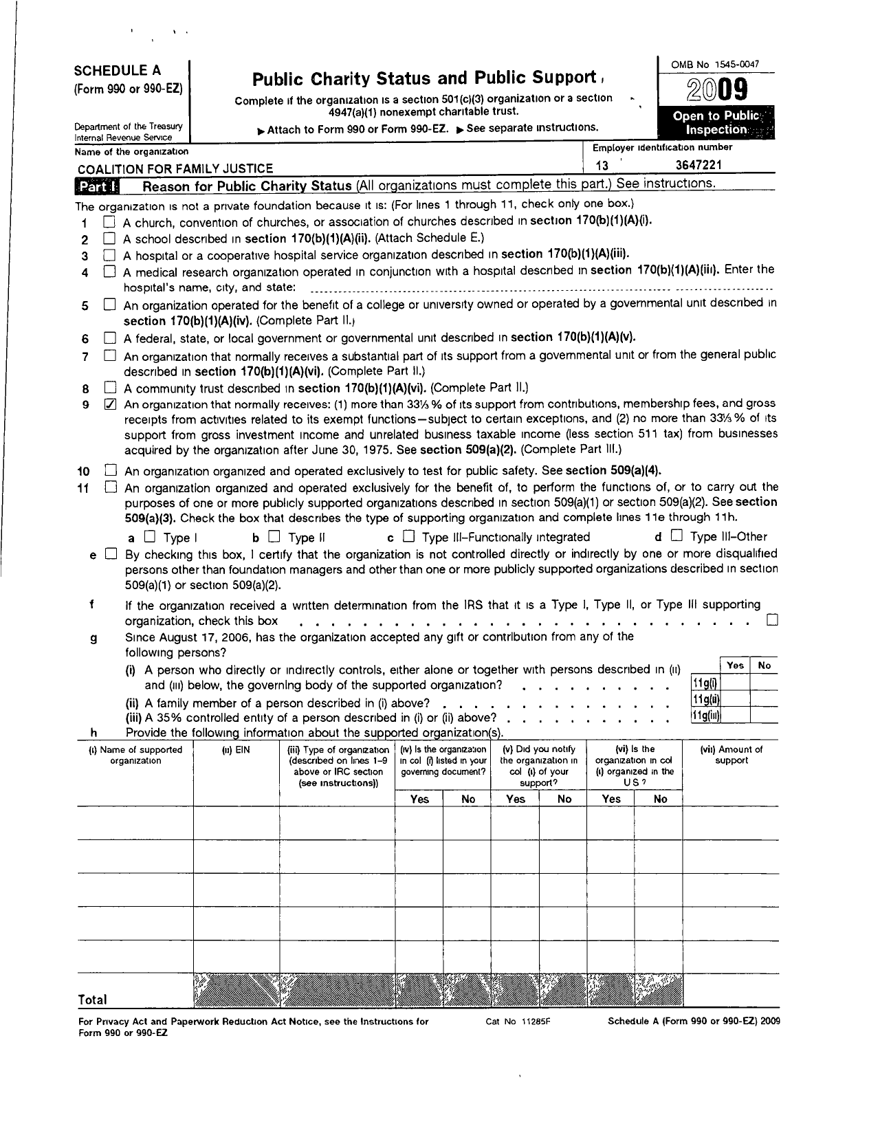 Image of first page of 2009 Form 990ER for Coalition for Family Justice