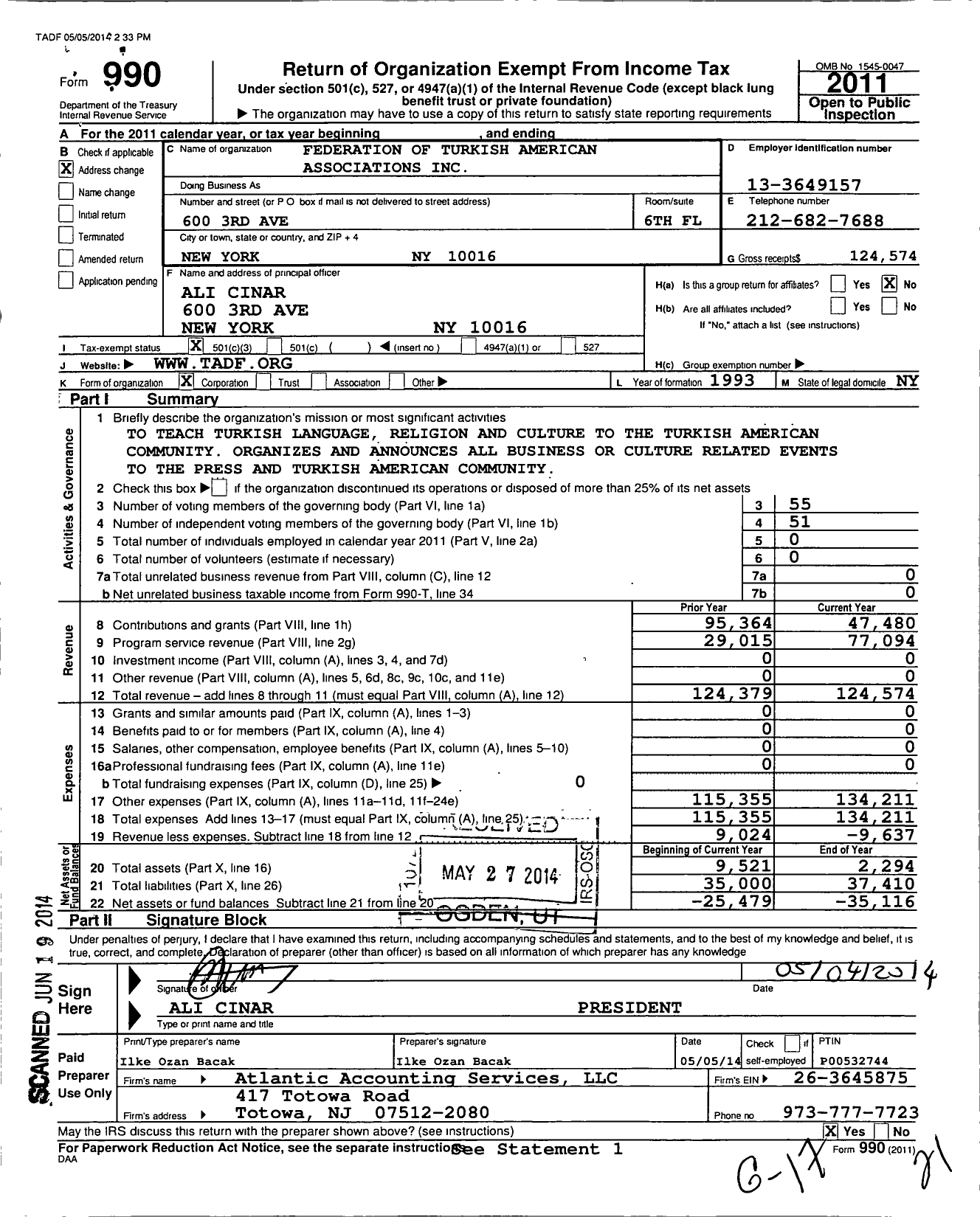 Image of first page of 2011 Form 990 for Federation of Turkishamerican Associations