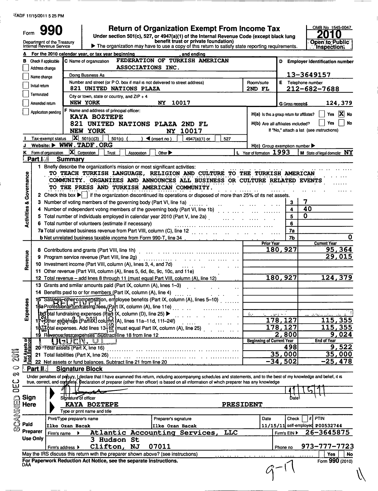 Image of first page of 2010 Form 990 for Federation of Turkishamerican Associations