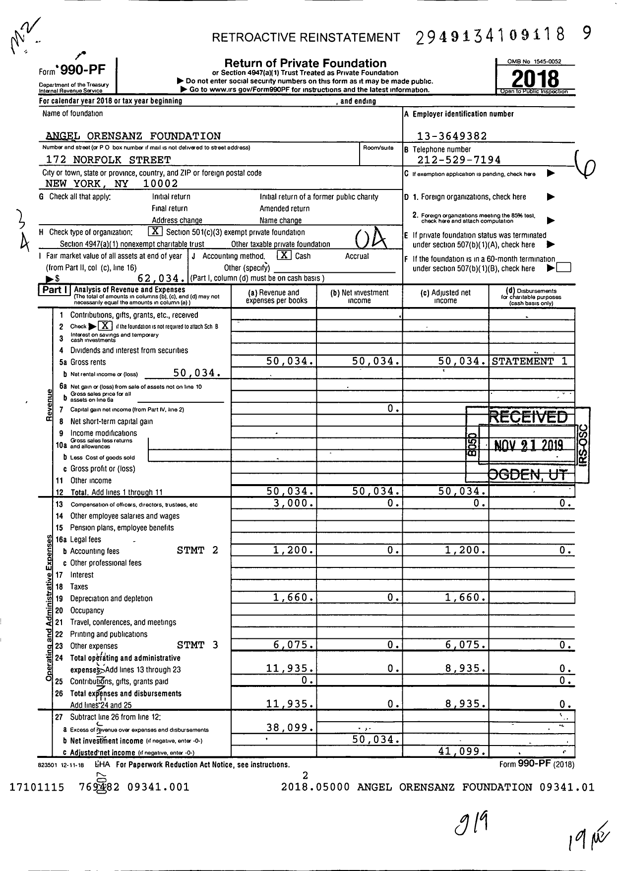 Image of first page of 2018 Form 990PF for Angel Orensanz Foundation