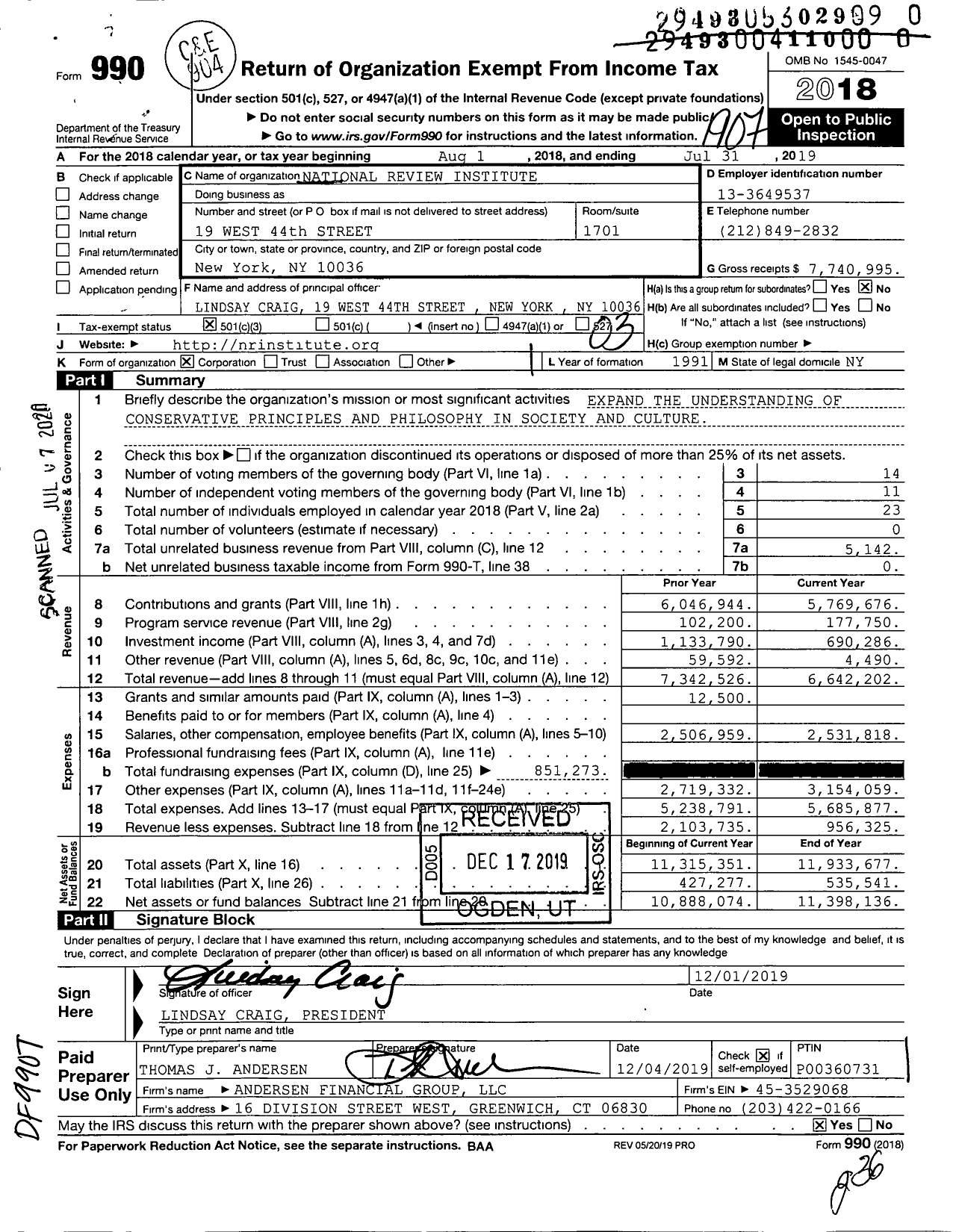 Image of first page of 2018 Form 990 for National Review Institute (NRI)