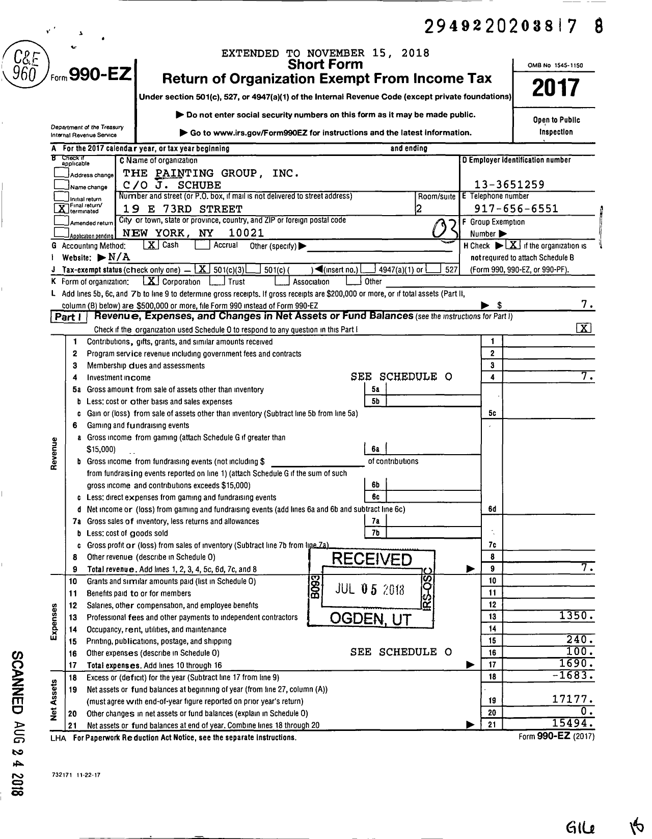 Image of first page of 2017 Form 990EZ for The Painting Group